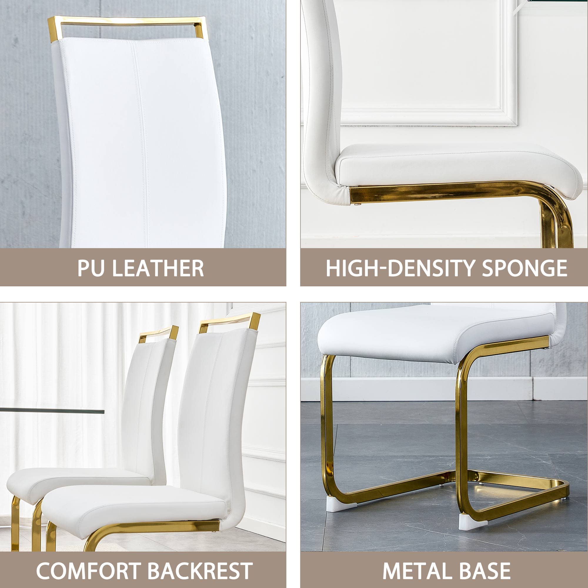 Baysitone Modern Dining Chairs Set of 4 - Gold Legs Faux Leather Padded High Back Chairs for Kitchen, Dining Room & Living Room - Elegant White Seating for Home Decor & Entertaining