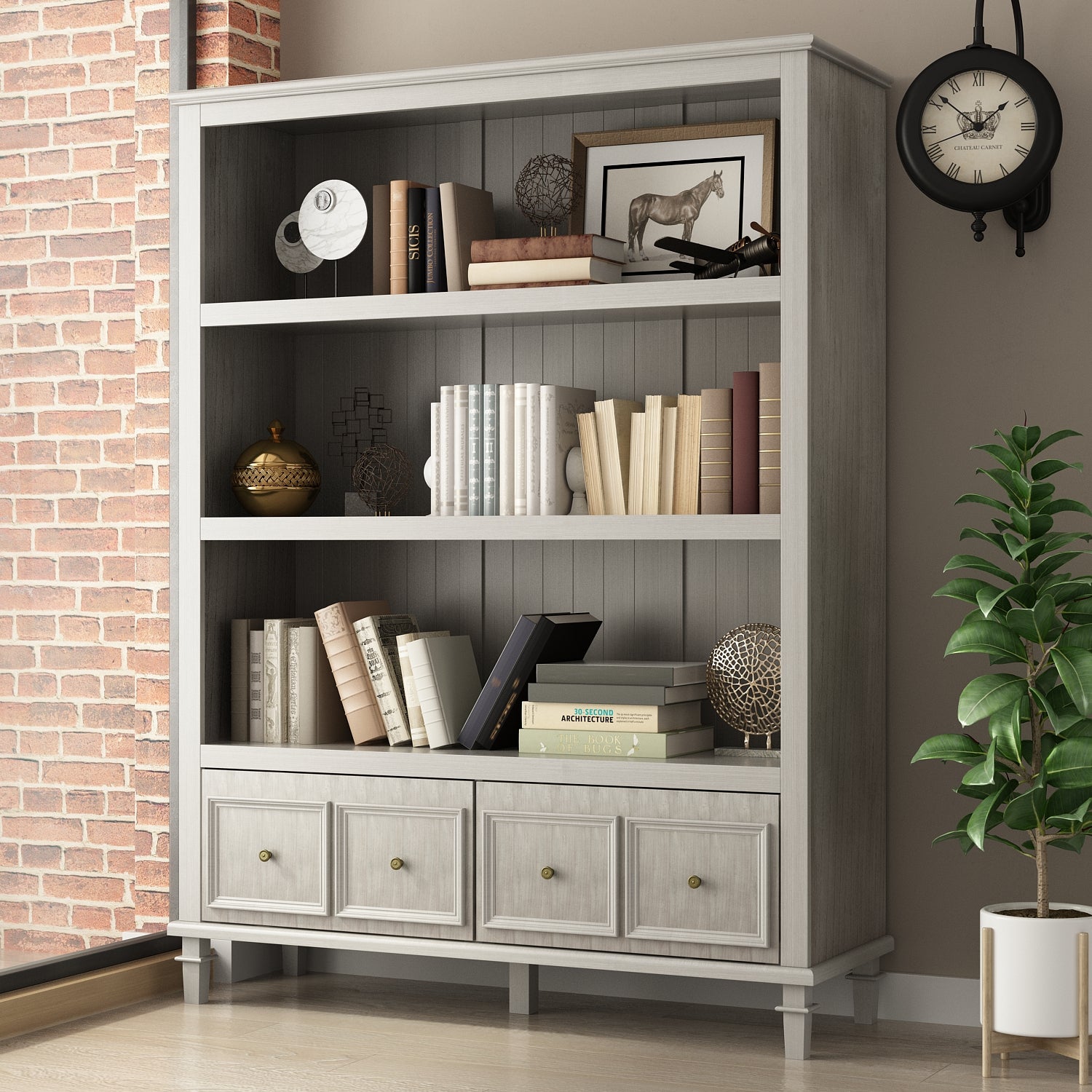 Large Grey Bookshelf Cabinet with 3-Tier Open Shelves & 2 Drawers - Modern Sideboard Bookcase for Living Room, Bedroom, or Home Office Storage