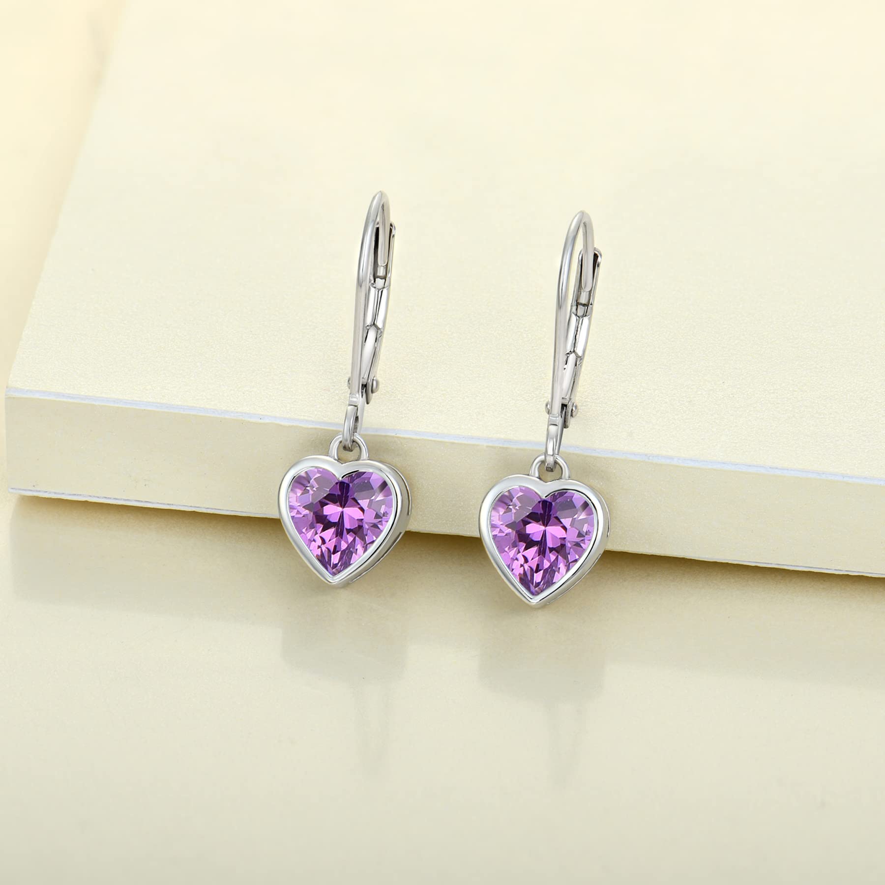 925 Sterling Silver Heart Cut Solitaire Dangle Drop Earrings with Birthstone - Leverback Jewelry for Women | Perfect for Valentine's Day, Anniversary Gifts & Everyday Elegance