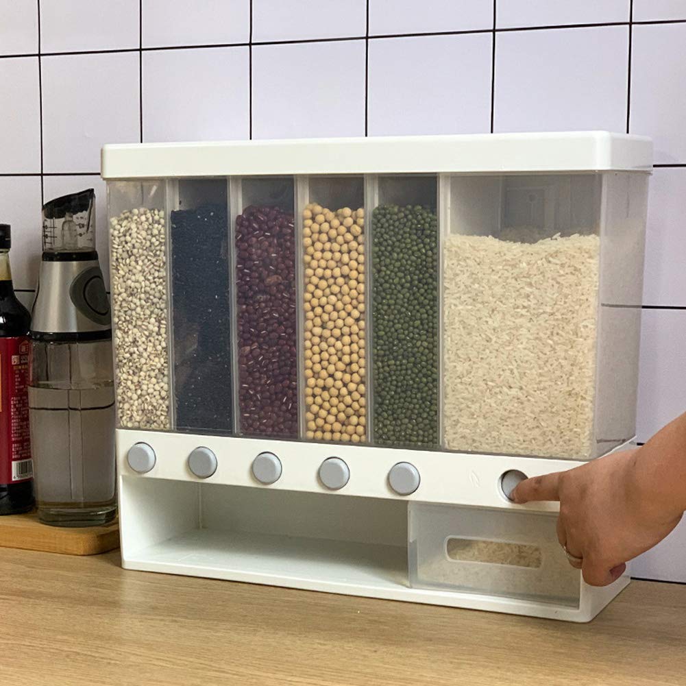6-Grid Wall-Mounted Whole Grain Rice Storage Container - Dry Food Dispenser for Rice, Cereals & Dried Fruits | Space-Saving Kitchen Organizer for Pantry & Countertop Use