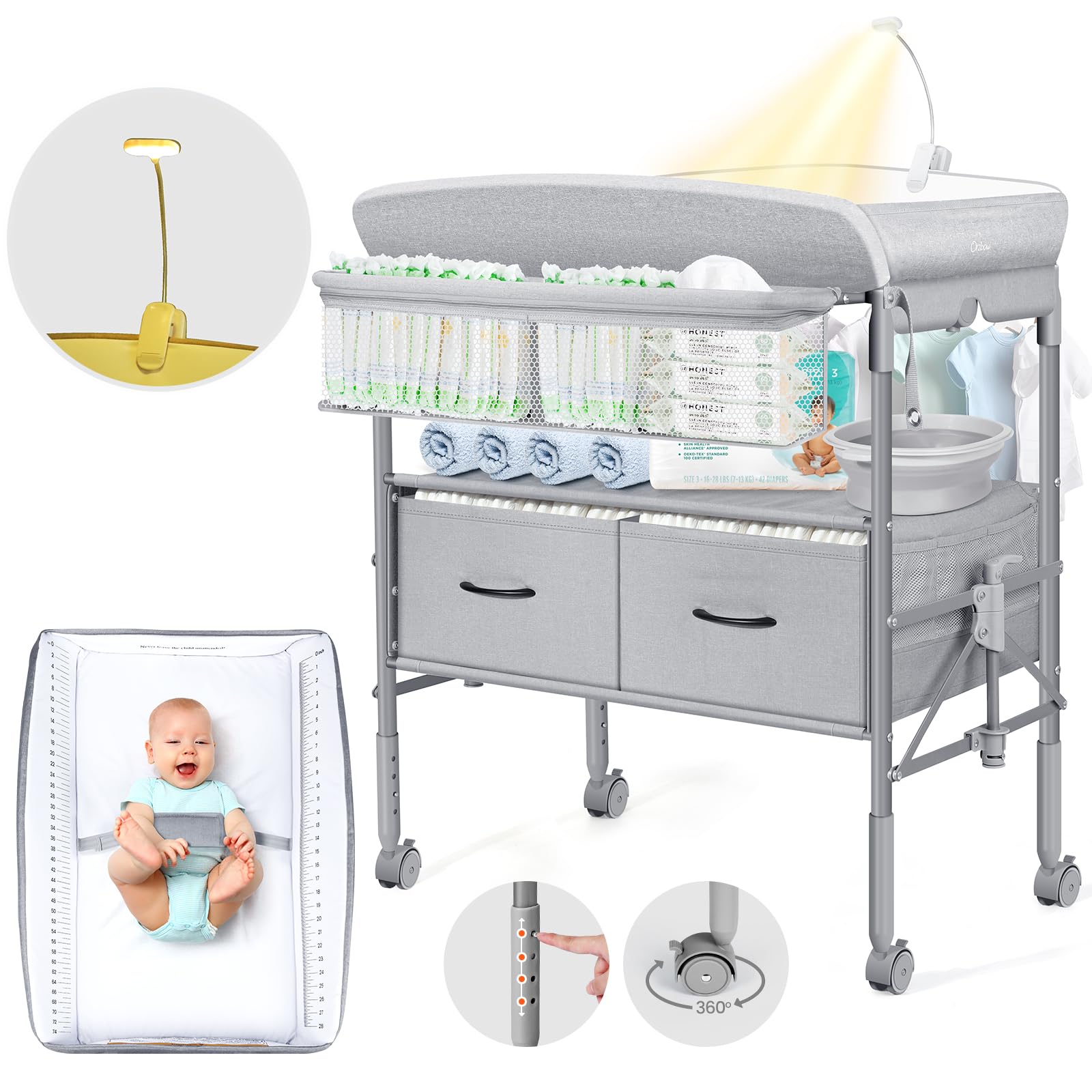 Portable Baby Changing Table with Drawers & Night Light - Adjustable Height, Foldable Design with Safety Strap - Spacious Storage for Nursery, Gray - Perfect for Diaper Changes & Late-Night Care