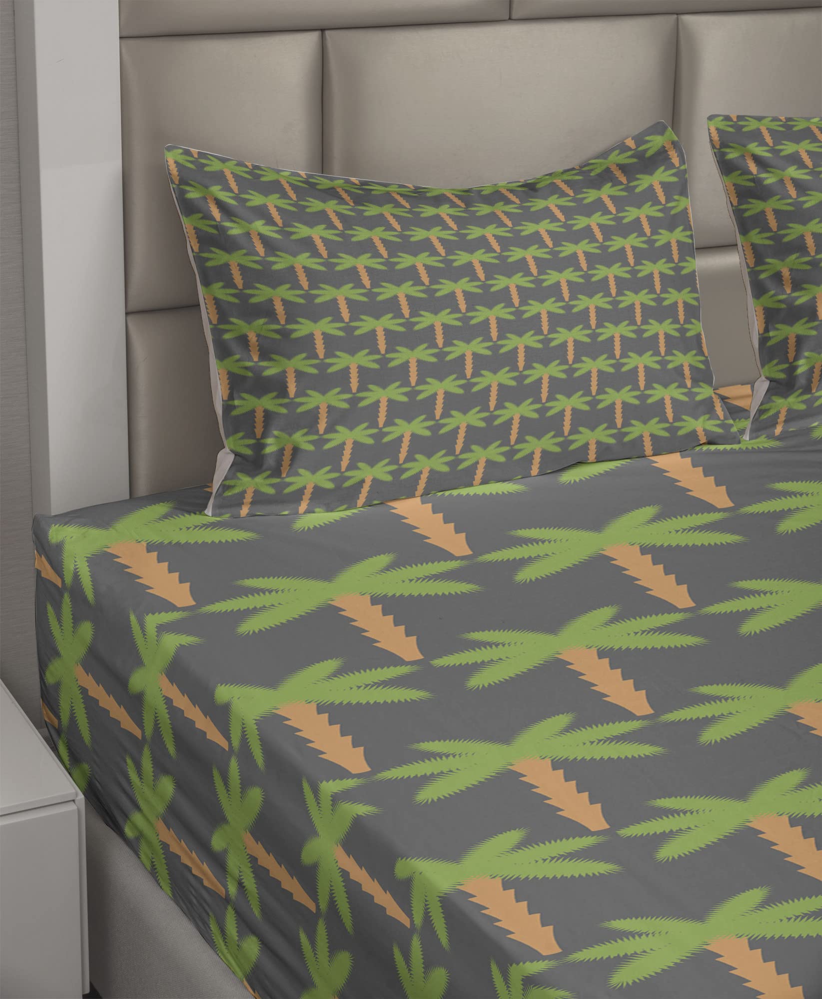 Ambesonne Exotic Tropical Palm Tree Bed Sheet Set - King Size 4-Piece Bedding with Fitted Sheet, Flat Sheet & Pillowcases - Hawaiian Nature Inspired Grey Lime Green Design - Perfect for Beach House, Vacation Home & Tropical Themed Bedrooms
