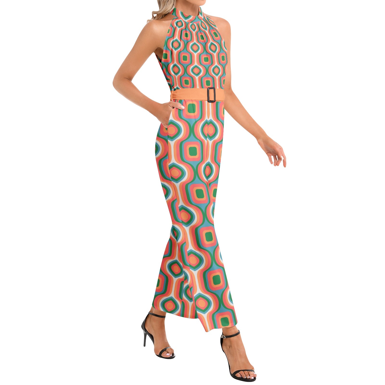 Vintage Retro Halter Neck Jumpsuit with Buckle Belt - 70s Inspired Fashion for Women | Perfect for Parties, Festivals & Casual Wear