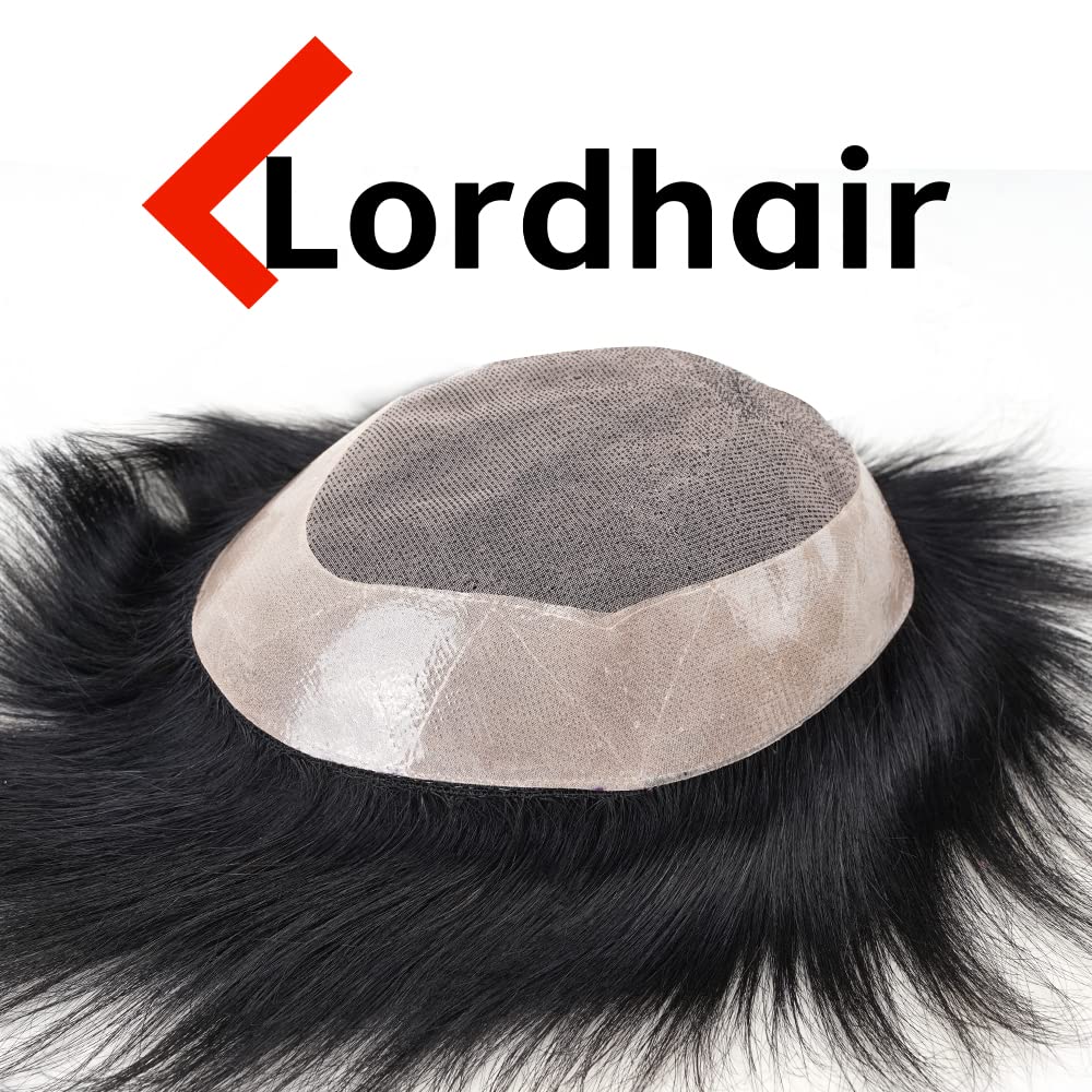 Premium Lordhair Men's Hair Replacement System - Real Human Hair with Fine Mono & PU Base - Off Black 1B Color - Natural Looking Hairpiece for Thinning Hair & Baldness Solution - Perfect for Daily Wear, Special Occasions & Confidence Boost