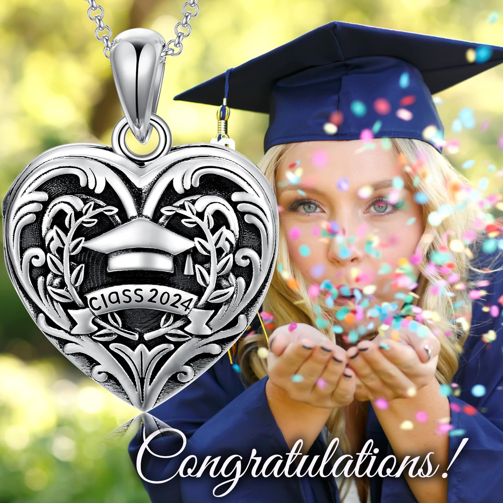 SOULMEET Graduation Gifts for Women - Class of 2023/2024/2025 Photo Locket Necklace with Heart Pendant & Graduation Cap Charm - Holds 2 Pictures - Perfect Nursing & College Graduation Gift for Her - Great for Commencement Ceremonies & Memory Keepsakes