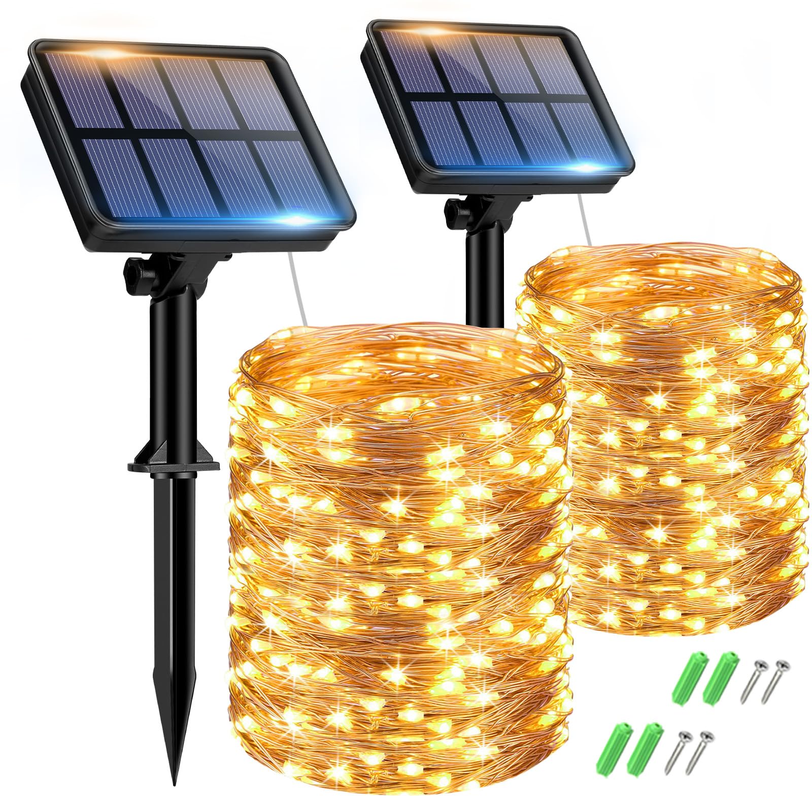 2 Pack 300LED 110FT Solar String Lights Outdoor Waterproof - 8 Modes Copper Wire Solar Fairy Lights for Patio, Garden, Wedding, Party & Christmas Decor (Warm White) | Perfect for Backyard, Pergola, Fence & Holiday Lighting