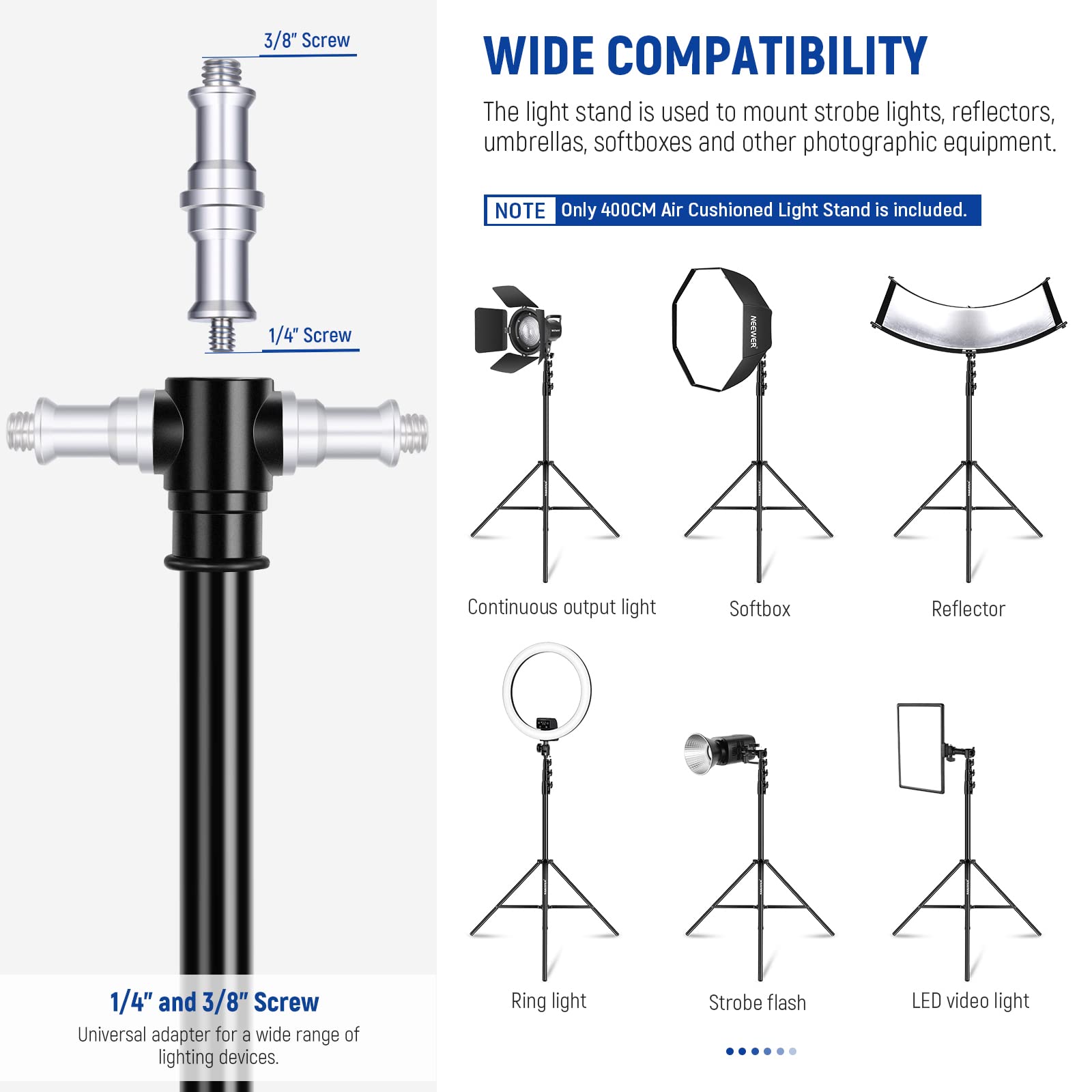 NEEWER 13ft/4m Heavy Duty Air Cushioned Light Stand - All Metal Photography Tripod with 1/4” to 3/8” Reversible Spigot, 3-Way Mounting & Metal Locking Knobs (Max Load 6.5lb/3kg) - Perfect for Studio, Portrait, and Video Lighting Setups