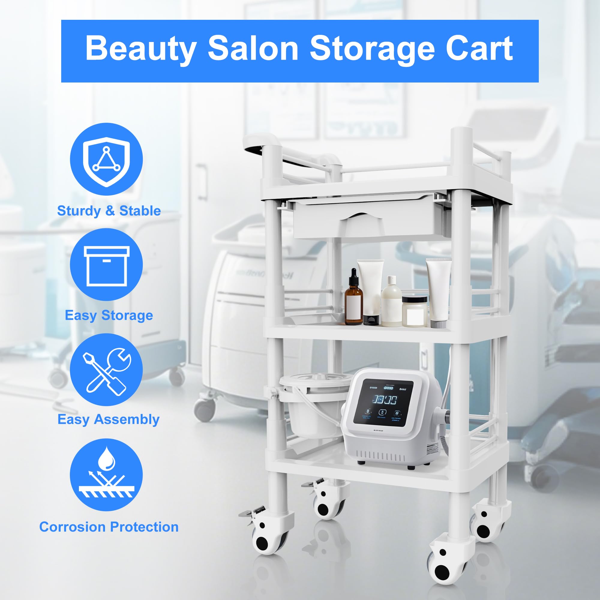 3-Tier Medical Mobile Trolley Cart with Wheels, Drawer & Trash Bin - 14.5