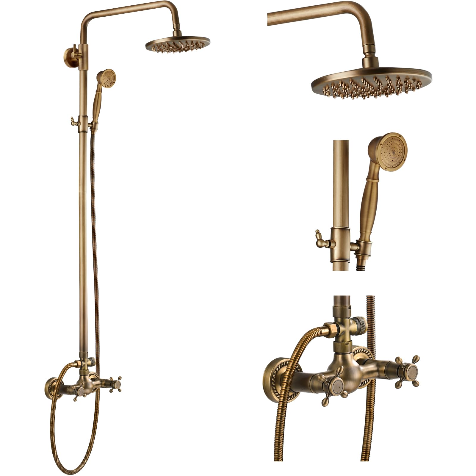 Gotonovo 8 Inch Exposed Bathroom Shower Faucet Set - Antique Brass Rainfall Shower Head & Handheld Shower Combo with Cross Handle Wall Mount (2 Functions) for Luxurious Spa-Like Bathroom Experience