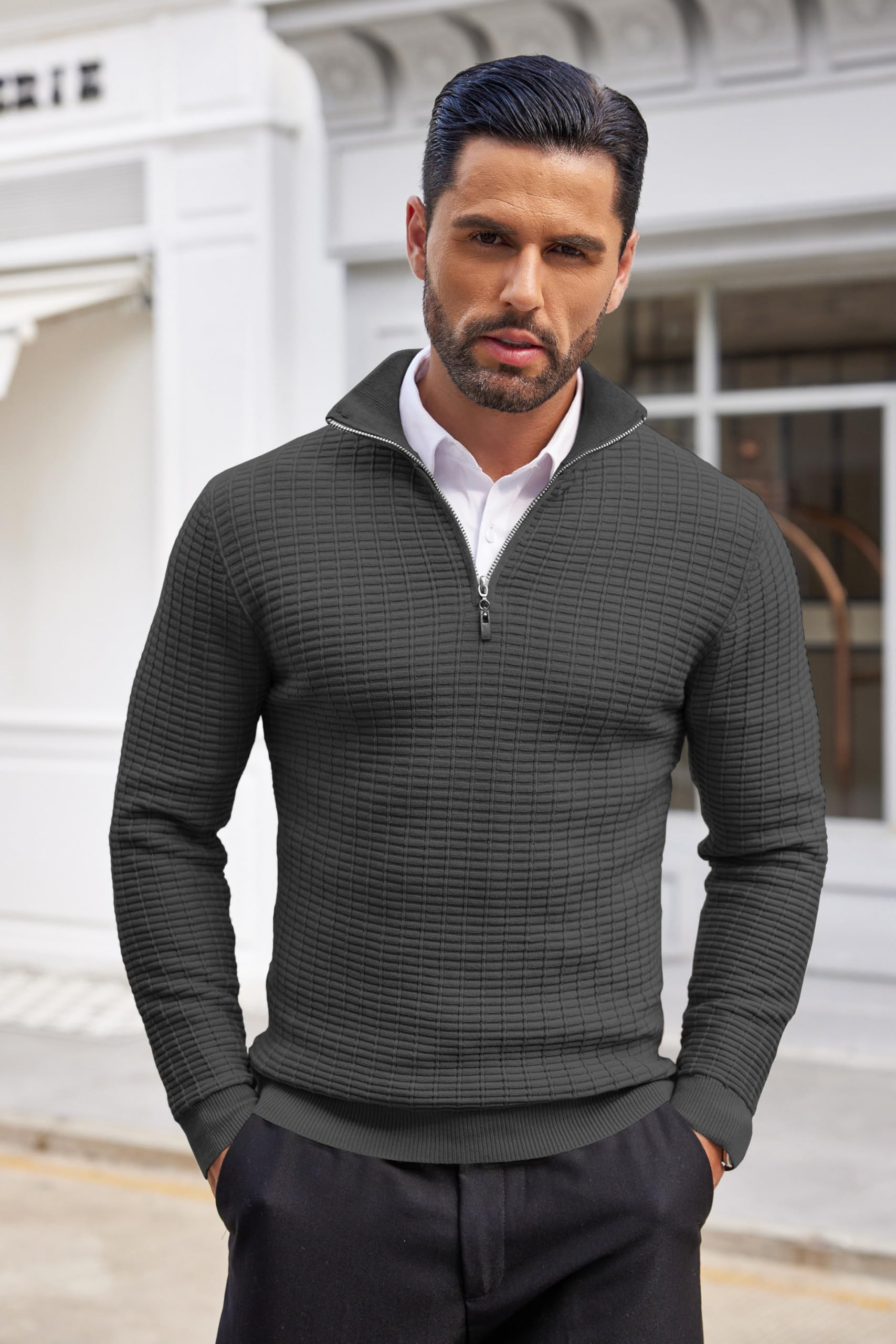COOFANDY Men's Slim Fit Lightweight Cotton Quarter Zip Pullover Sweater - Mock Neck Casual Knit Top for Fall & Winter Layering