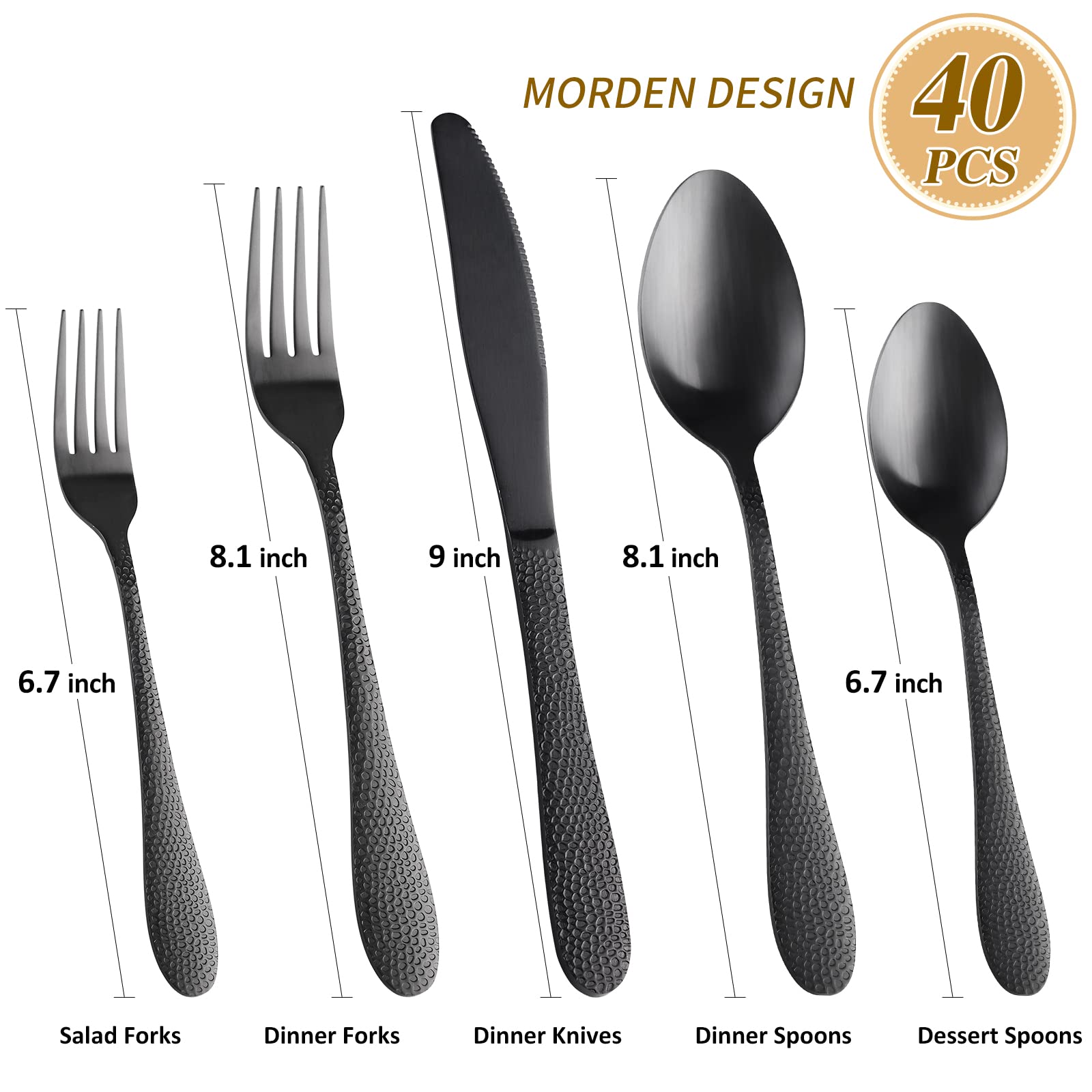 Matte Black Hammered Silverware Set for 8 - SANLUNS 40-Piece Modern Flatware Set with Stainless Steel Cutlery (Knives, Forks, Spoons) - Dishwasher Safe Fine Dining Utensils for Restaurants, Weddings & Elegant Dinner Parties