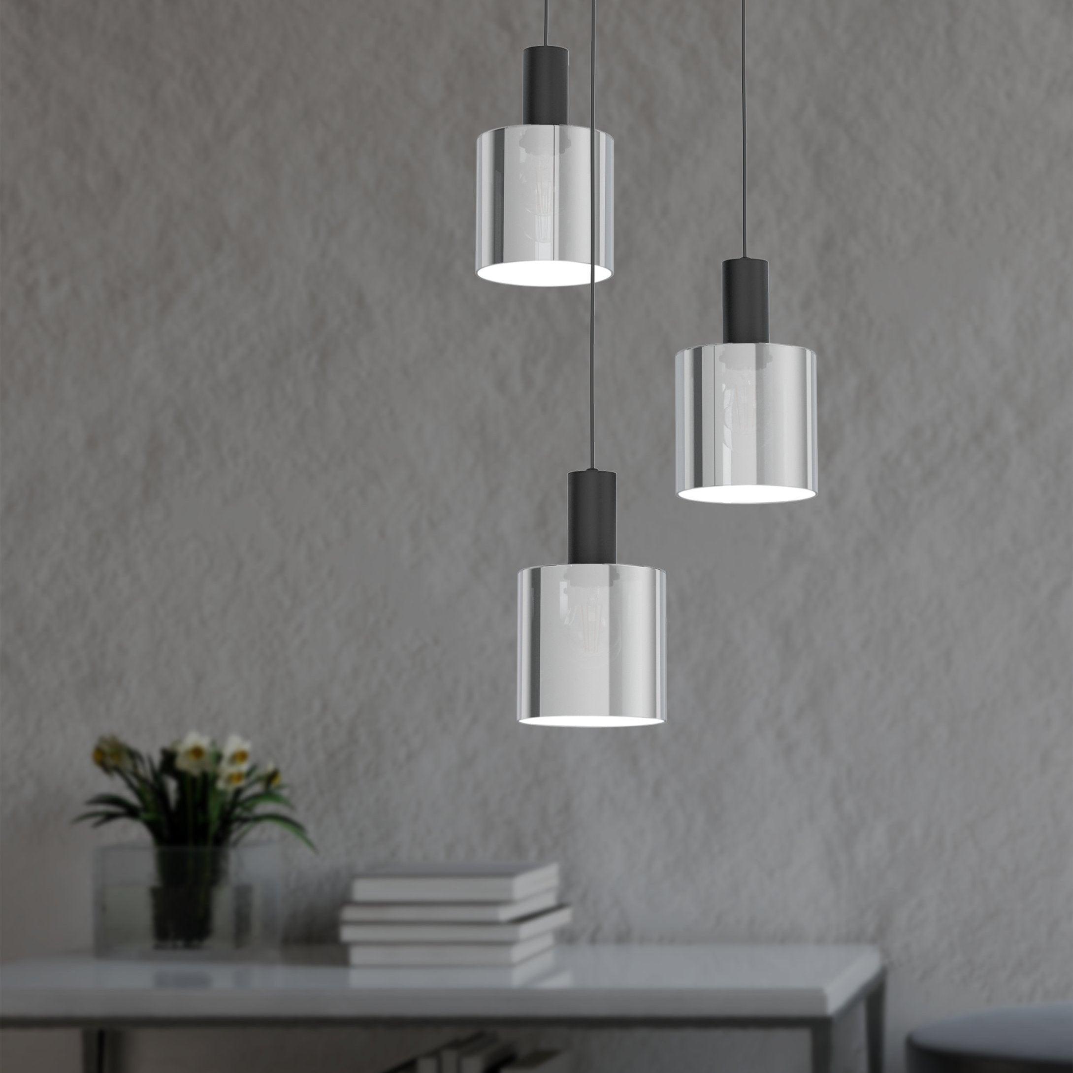 Eglo Gorosiba 3-Light Black Glass Pendant Light Fixture with Smoked Glass Shades - Perfect for Kitchen Island, Dining Room, or Entryway Lighting