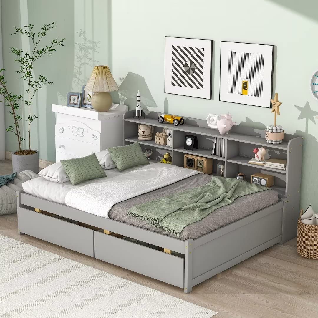 TRIPLE TREE Solid Wood Full Size Platform Bed with Built-in Bookcases & Storage Drawers - Multifunctional Daybed Frame for Kids & Teens - No Box Spring Needed with Wood Slat Support - Gray - Perfect for Small Bedrooms, Dorm Rooms & Kids' Rooms