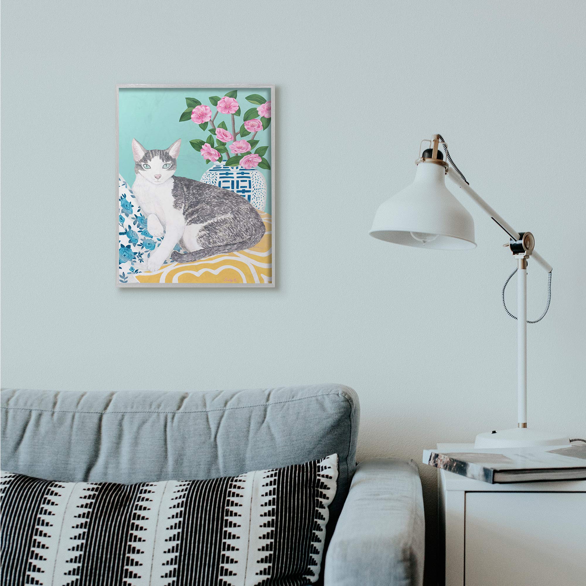 Stupell Industries Framed Cat Wall Art - Sally B Pastel Animal Painting with Cushion & Vase, 16x20 Inches, Grey Frame - Perfect for Living Room, Bedroom or Office Decor