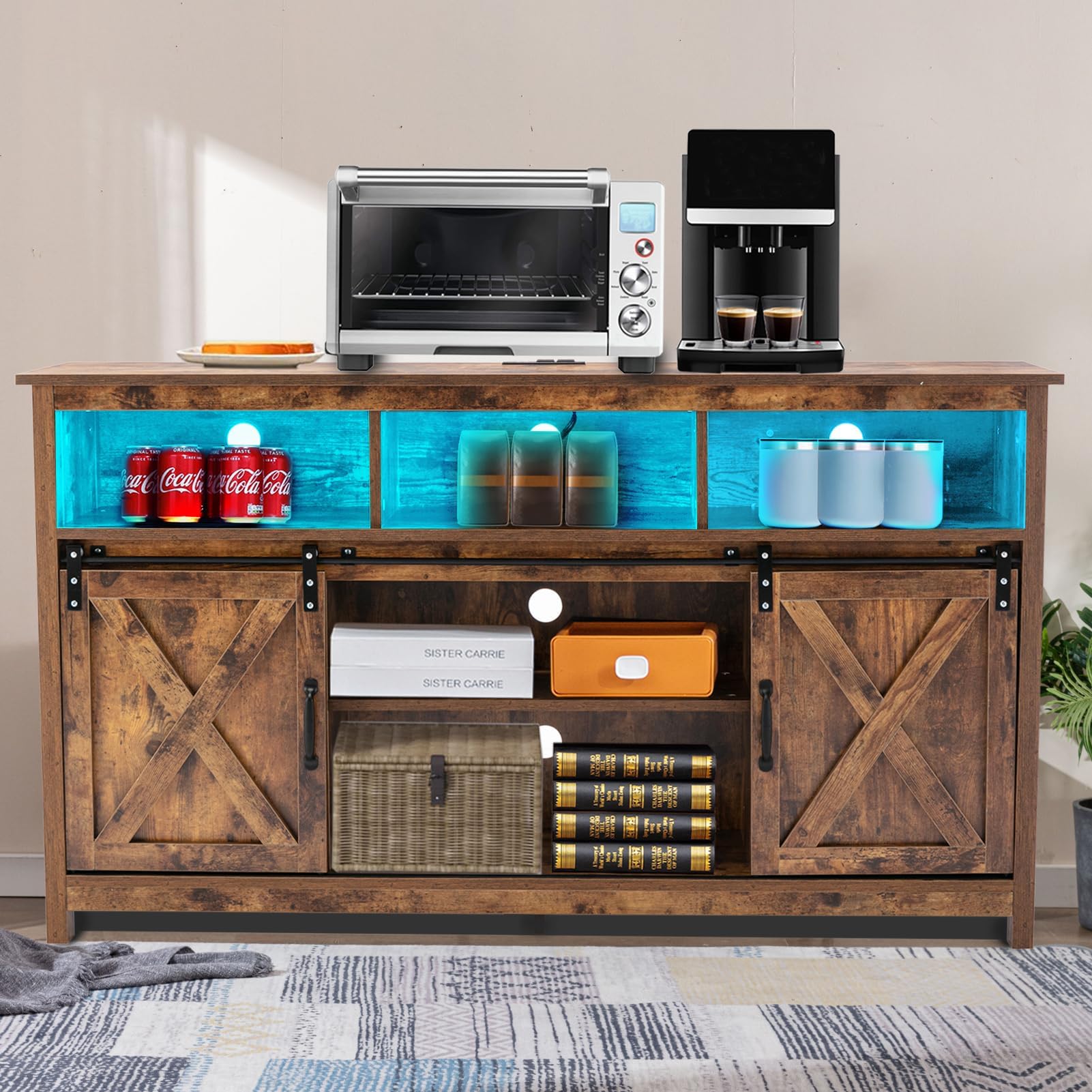 Vinctik 57 Inch Farmhouse TV Stand with Sliding Barn Doors - Rustic Wood Entertainment Center for 60-65 Inch TVs - Double Layer Storage & Built-in Power Outlets - Perfect for Living Room, Bedroom & Home Theater Setup
