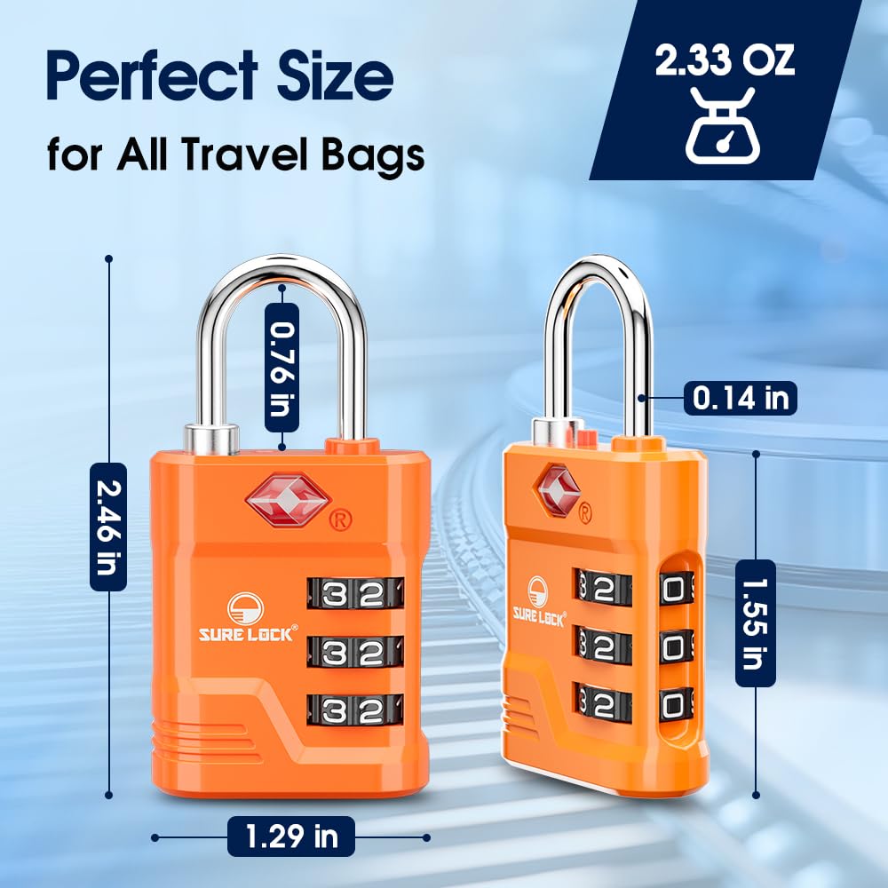 TSA Approved Luggage Locks - SURE LOCK High Security Travel Locks with Open Alert & Easy Read Dials, Zinc Alloy Body, TSA008 Key - 2 Pack Orange for Suitcases, Gym Lockers & Backpacks | Perfect for Air Travel, Hotels & Secure Storage