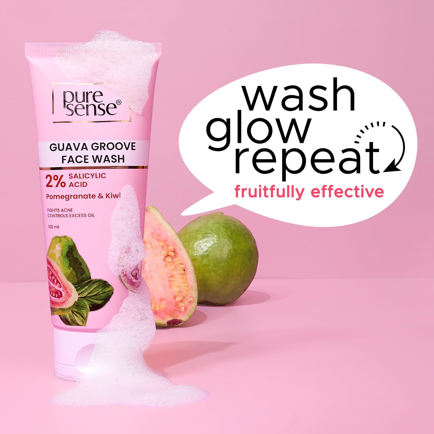 PureSense Guava Groove Face Wash with 2% Salicylic Acid | Pomegranate & Kiwi Extract | Acne Treatment & Oil Control | For Men & Women - 100ml | Daily Cleanser for Oily & Combination Skin | Perfect for Morning & Night Skincare Routine