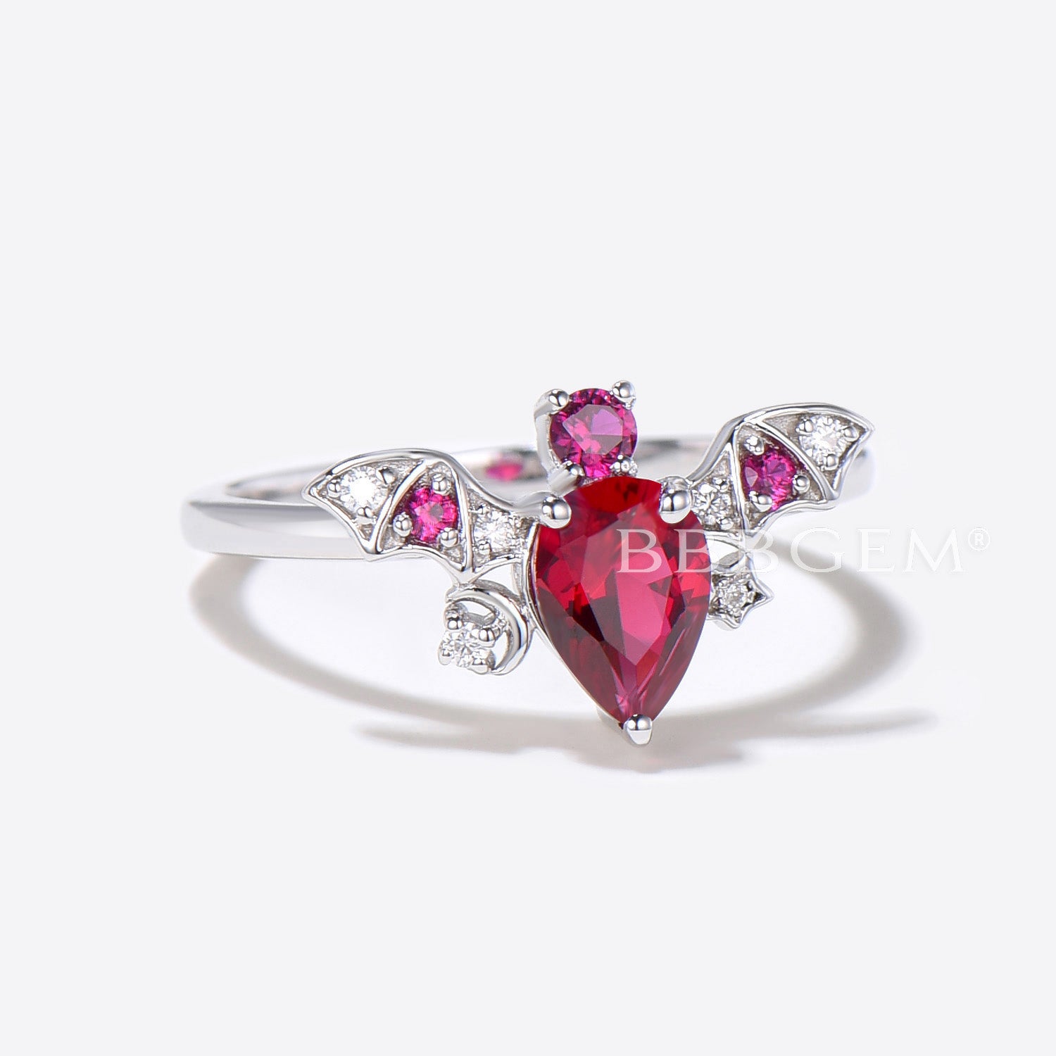 Bat Pear Shaped Red Ruby Engagement Ring - Moon & Star Diamond Wedding Band for Women | Perfect for Proposals, Anniversaries & Romantic Occasions
