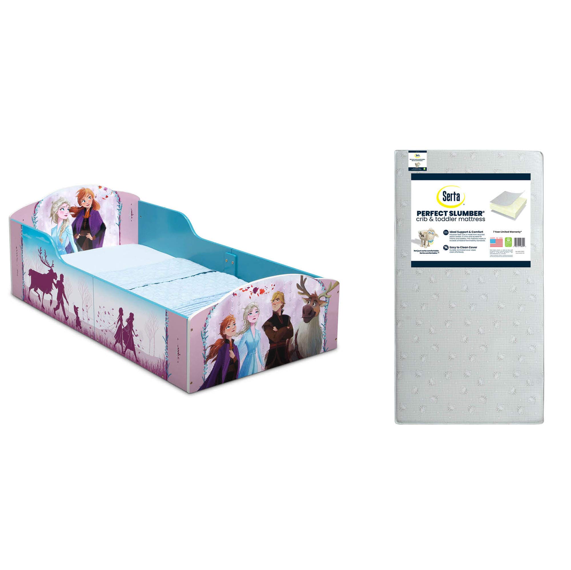 Delta Children Disney Frozen II Wood Toddler Bed with Serta Perfect Slumber Dual-Sided Mattress - Toddler Bedroom Furniture Set for Girls, Kids Room Decor & Sleep Comfort