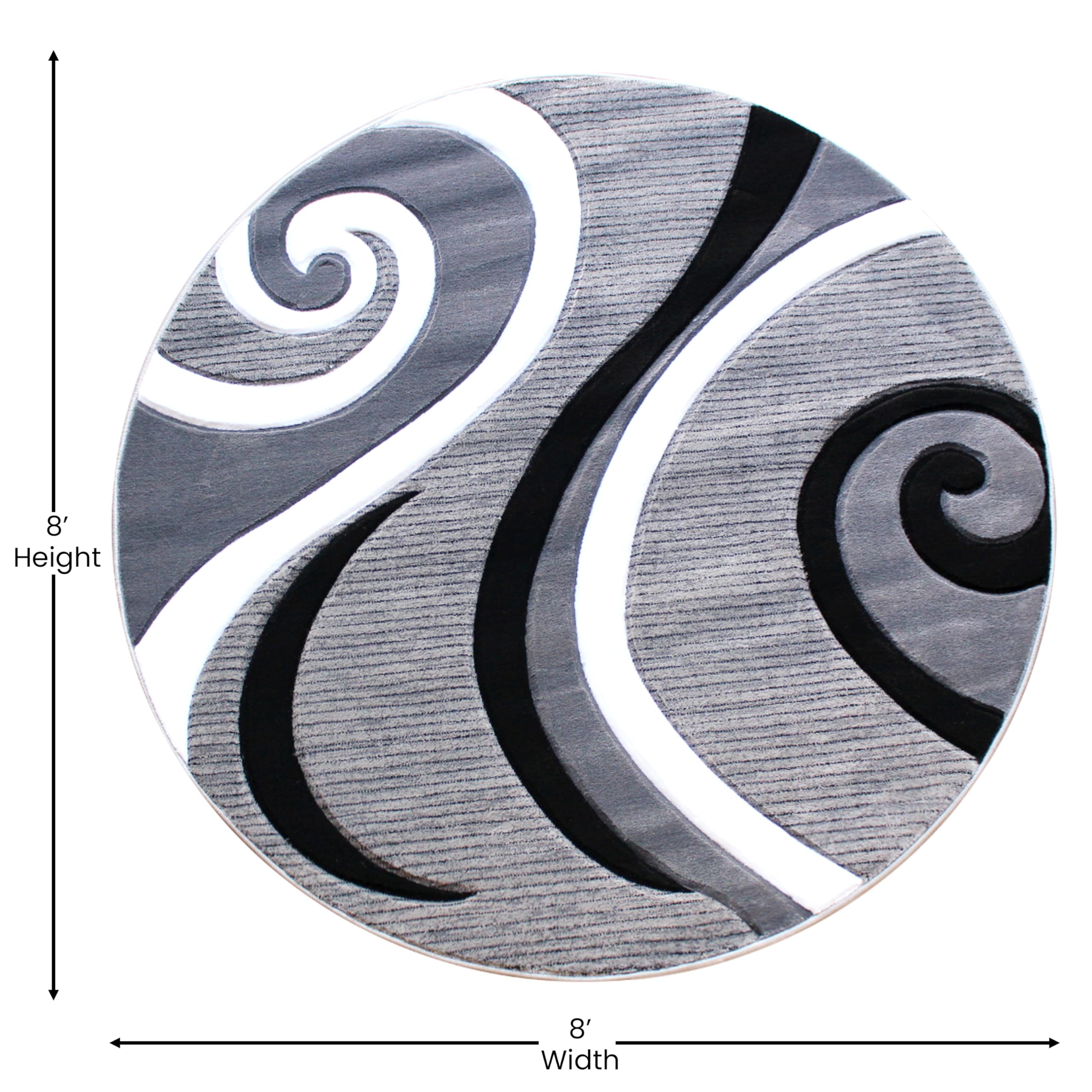 EMMA + OLIVER Olefin Accent Rug - Gray Contemporary Swirl Pattern - 8x8 Round - 3D Sculpted Effect - Stain Resistant - Modern Home Decor for Living Room, Bedroom & Office