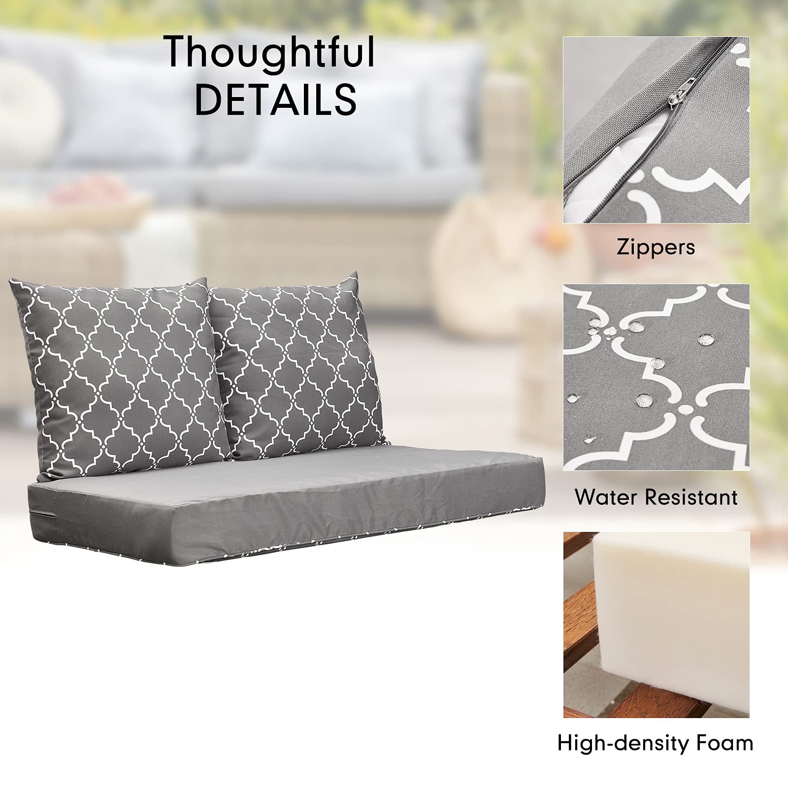 24×48 Inch Indoor Outdoor Loveseat Cushion Set - 3-Piece Gray Patio Furniture Replacement Cushions with Removable Cover for Deep Seating Bench | Perfect for Backyard, Deck, Poolside & Sunroom Relaxation