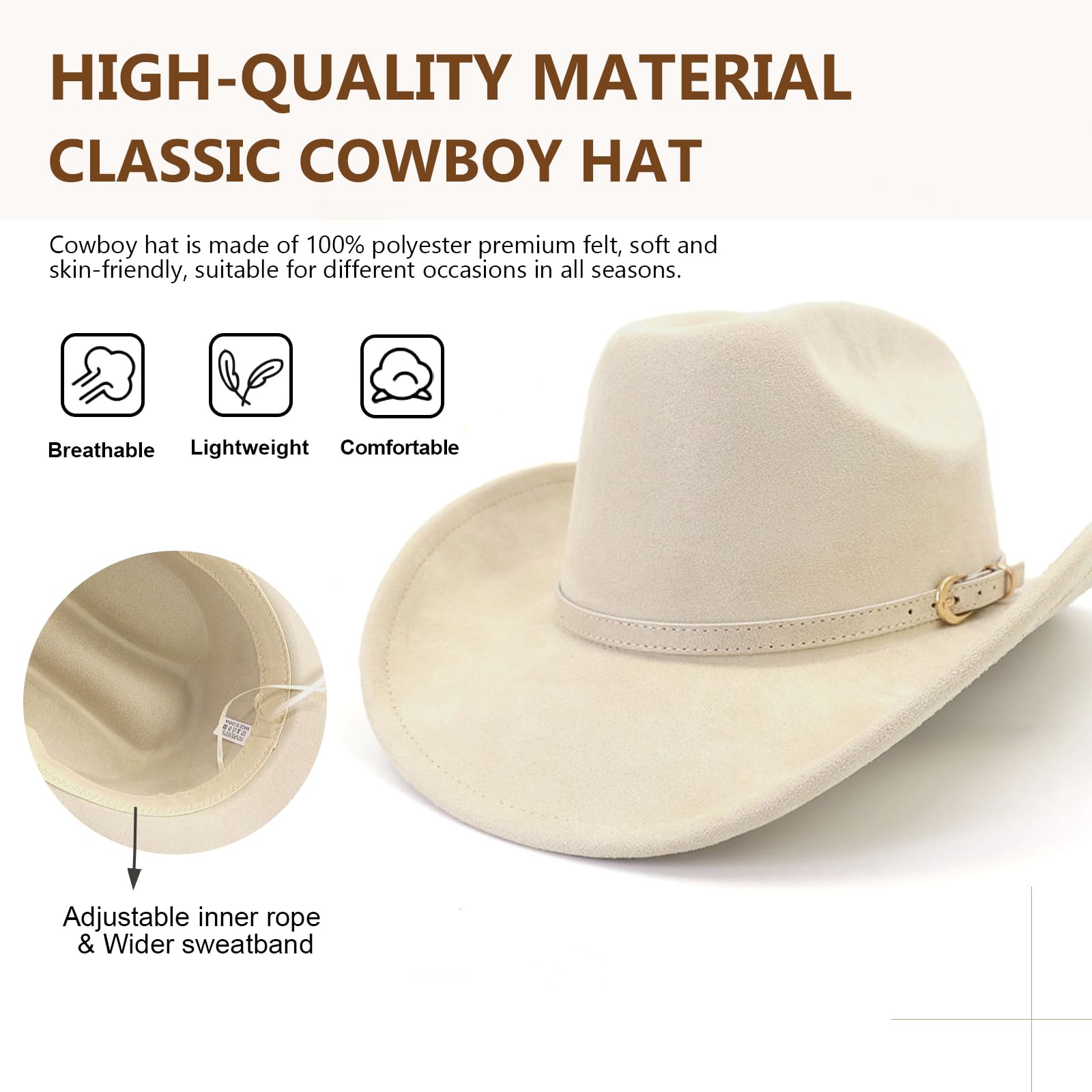 **Western Cowboy Hat for Men & Women - Wide Brim Felt Fedora Hat with Buckle Belt - Stylish Cowgirl Hat for Rodeo, Country Music Festivals & Outdoor Adventures**