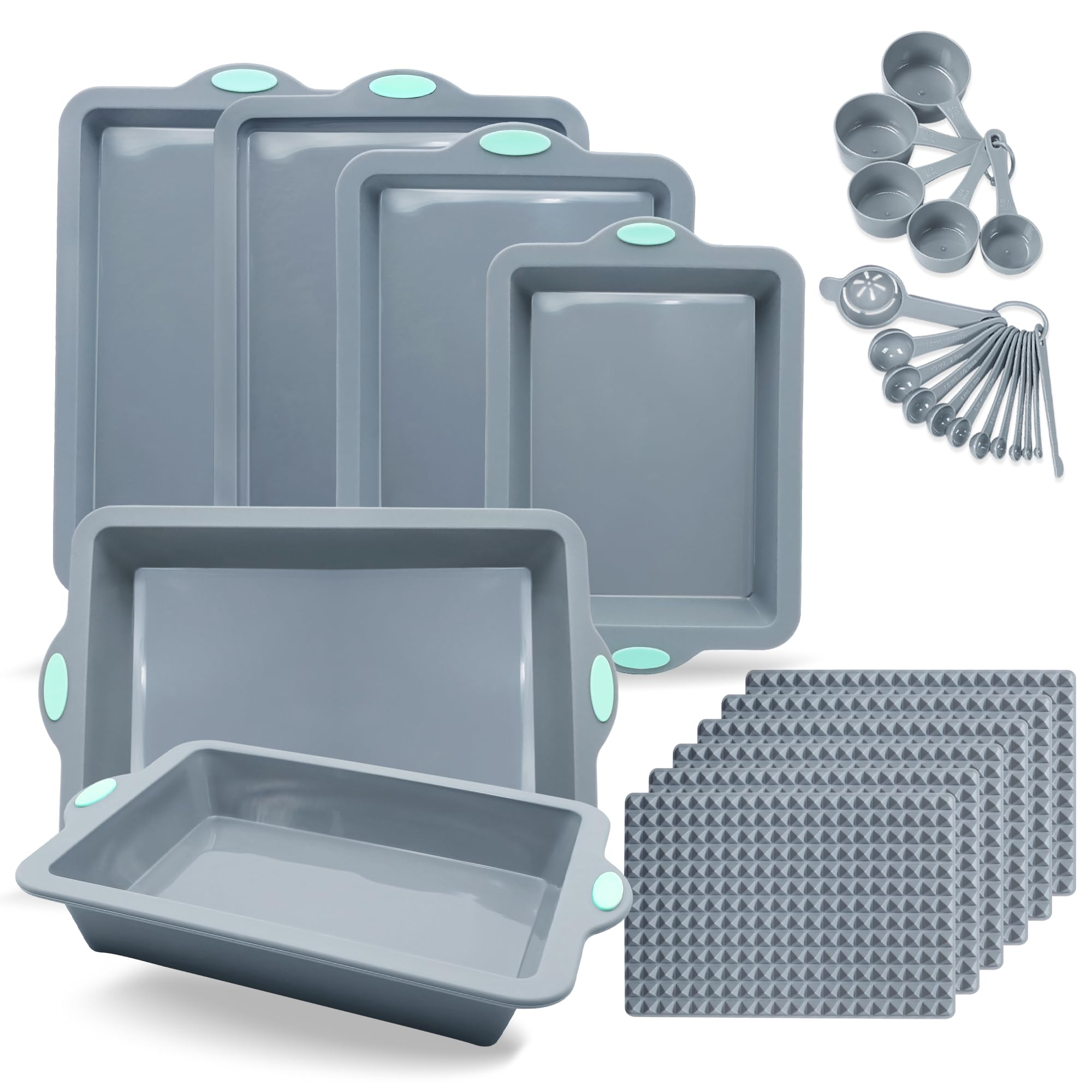 29-Piece Silicone Baking Pans Set with Metal Frame - Non-Stick Oven Bakeware Kit Includes Cookie Sheet, Cake Pans, Mats, Measuring Cups & Spoons (Light Grey) - Perfect for Home Baking, Holiday Treats & Party Desserts