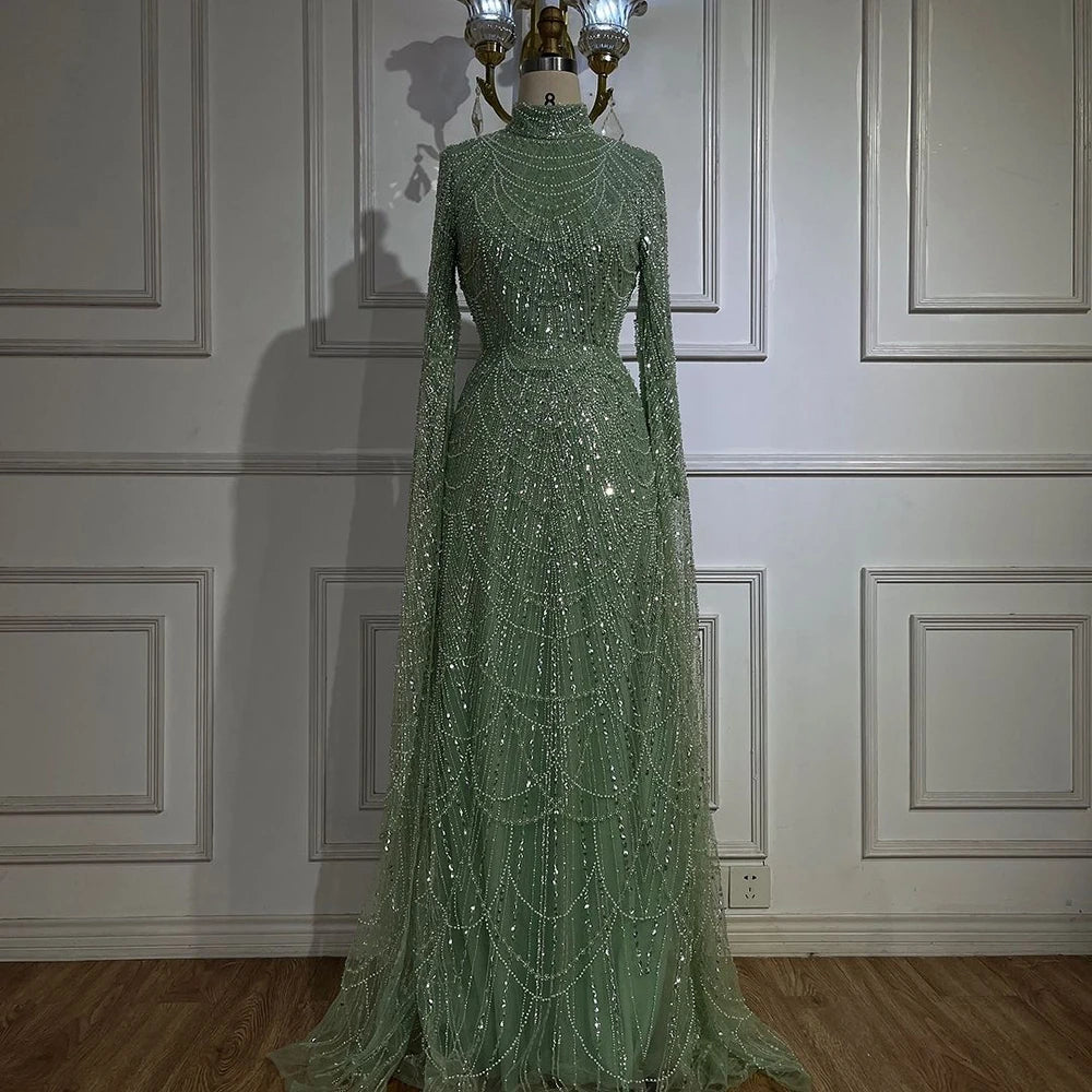 Luxury Dubai Muslim Sage Green Pearls Evening Dress with Cape - Plus Size LA72591 for Wedding, Party & Special Occasions