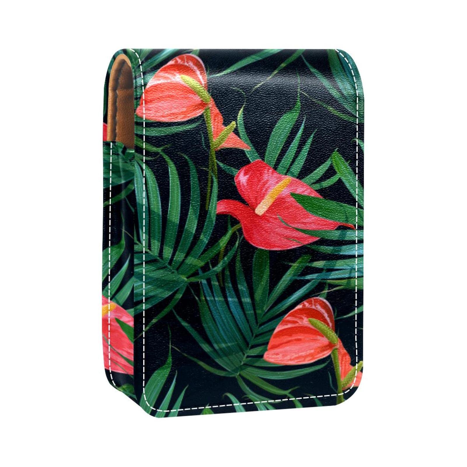Personalized Lipstick Case - Portable Makeup Bag & Cosmetic Pouch Organizer with Tropical Flowers Palm Leaves Pattern - Perfect for Travel, Daily Use & Gift Giving