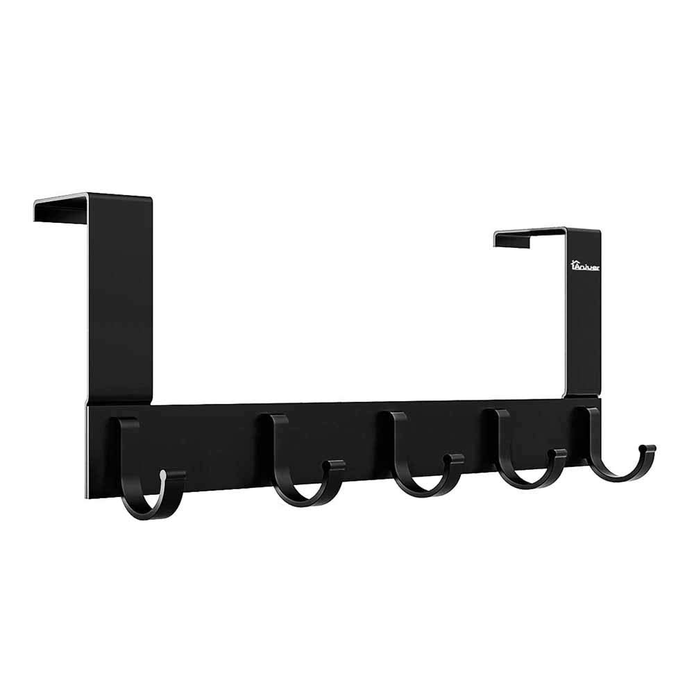 Over The Door Hook Organizer Rack - Heavy Duty Metal Coat Hanger with 5 Hooks for Jackets, Hats, Bags & More - Space Saving Closet & Entryway Storage Solution (Black)