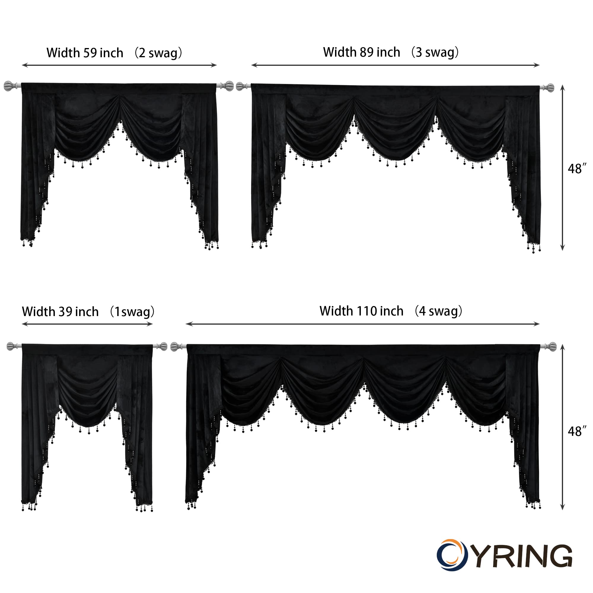Black Rod Pocket Velvet Window Curtain Valance - 1 Panel Waterfall Valance for Living Room & Bedroom (110