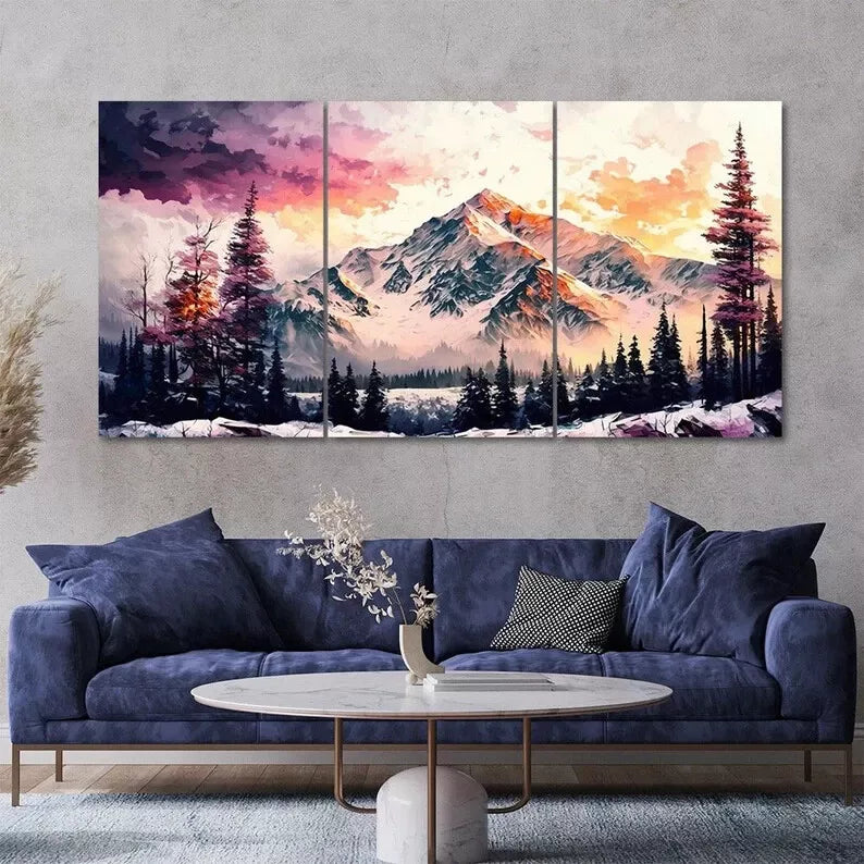 Abstract Snow Mountain Forest Painting - 3 Piece Canvas Wall Art Set (60x90cm) | High Quality Framed Print | Ready to Hang | Australian Made | Perfect for Living Room, Bedroom & Office Decor