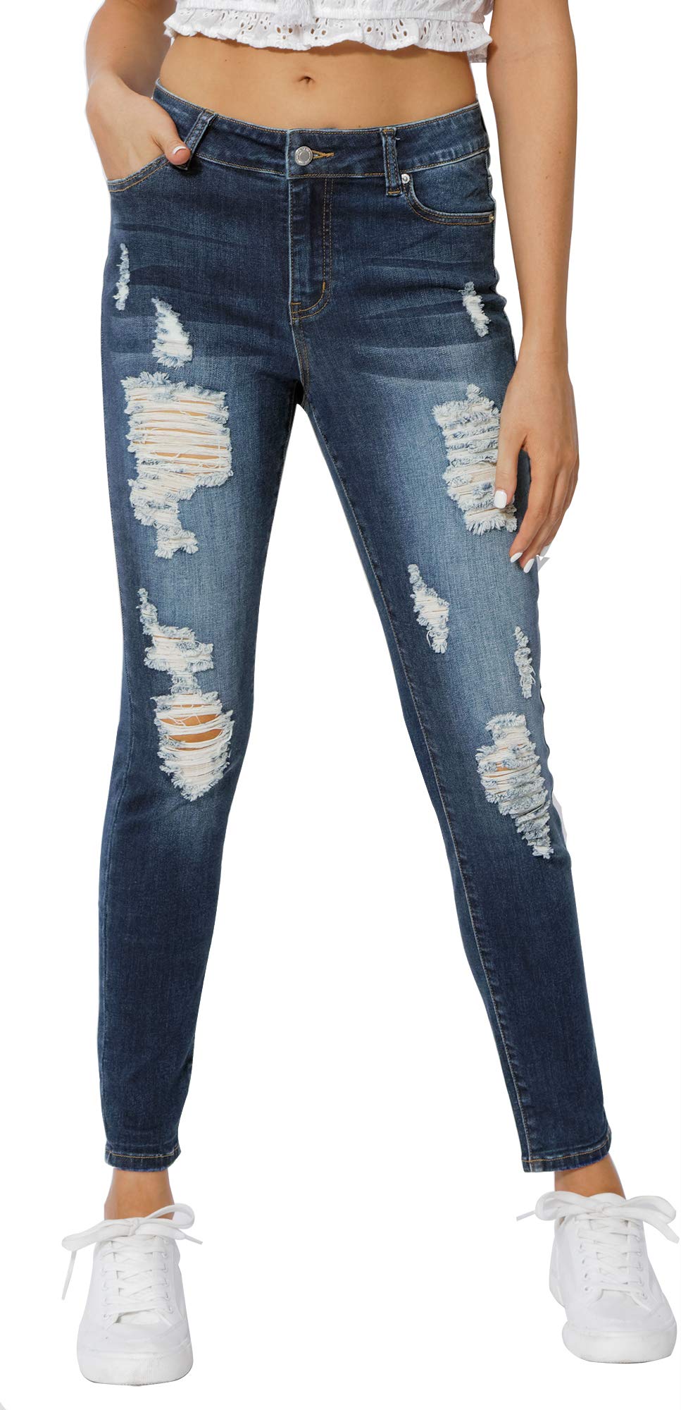 Muhadrs Women's Stretch Skinny Ripped Distressed Jeans - High Waist Slim Fit Destroyed Hole Denim Pants for Casual Outfits & Streetwear Fashion