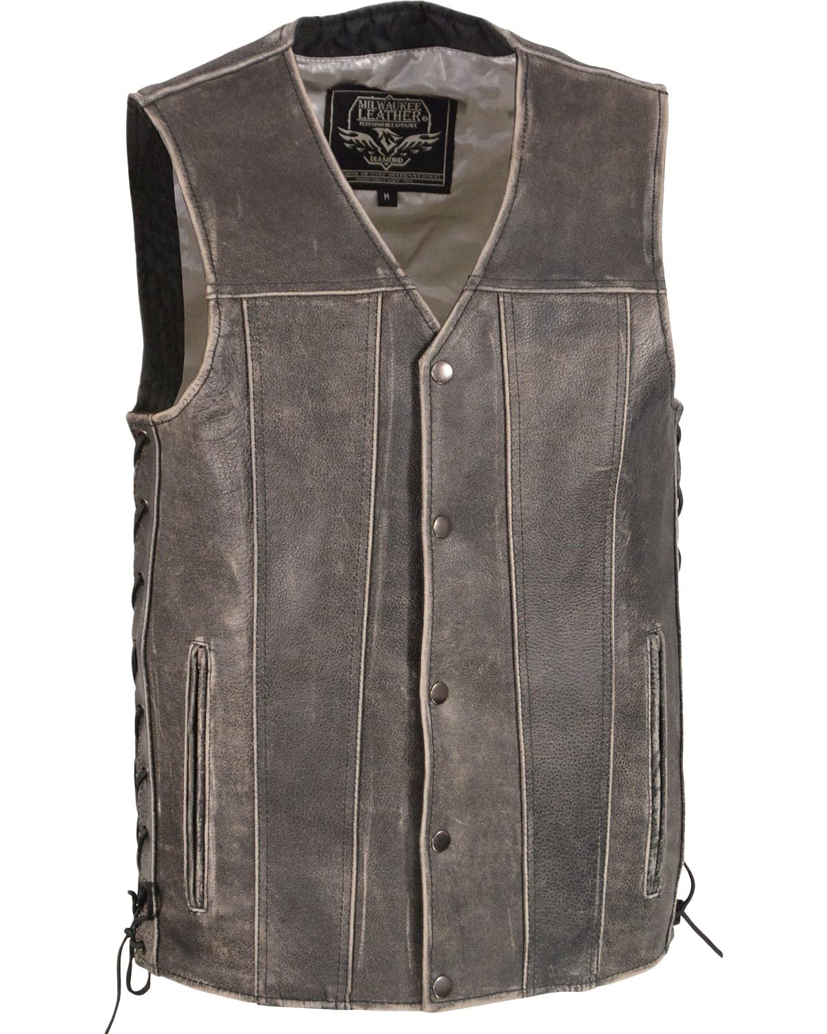 Milwaukee Leather Men's Grey Leather Side Lace Straight Bottom Vest MLM3521 - Stylish Biker Vest for Motorcycle Riding & Outdoor Adventures