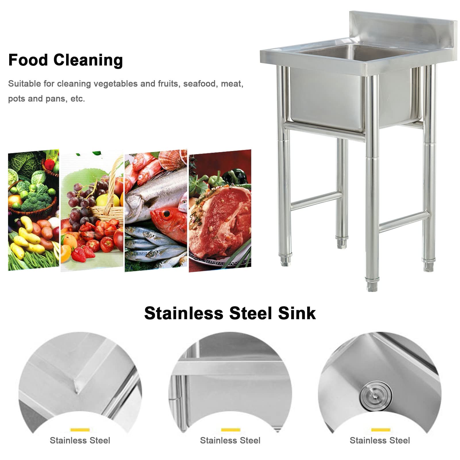 Stainless Steel Stand Alone Kitchen Sink with Faucet and Drain Strainer - 60cm x 60cm Indoor/Outdoor Utility Sink for Home, Hotel, Restaurant & RV Use