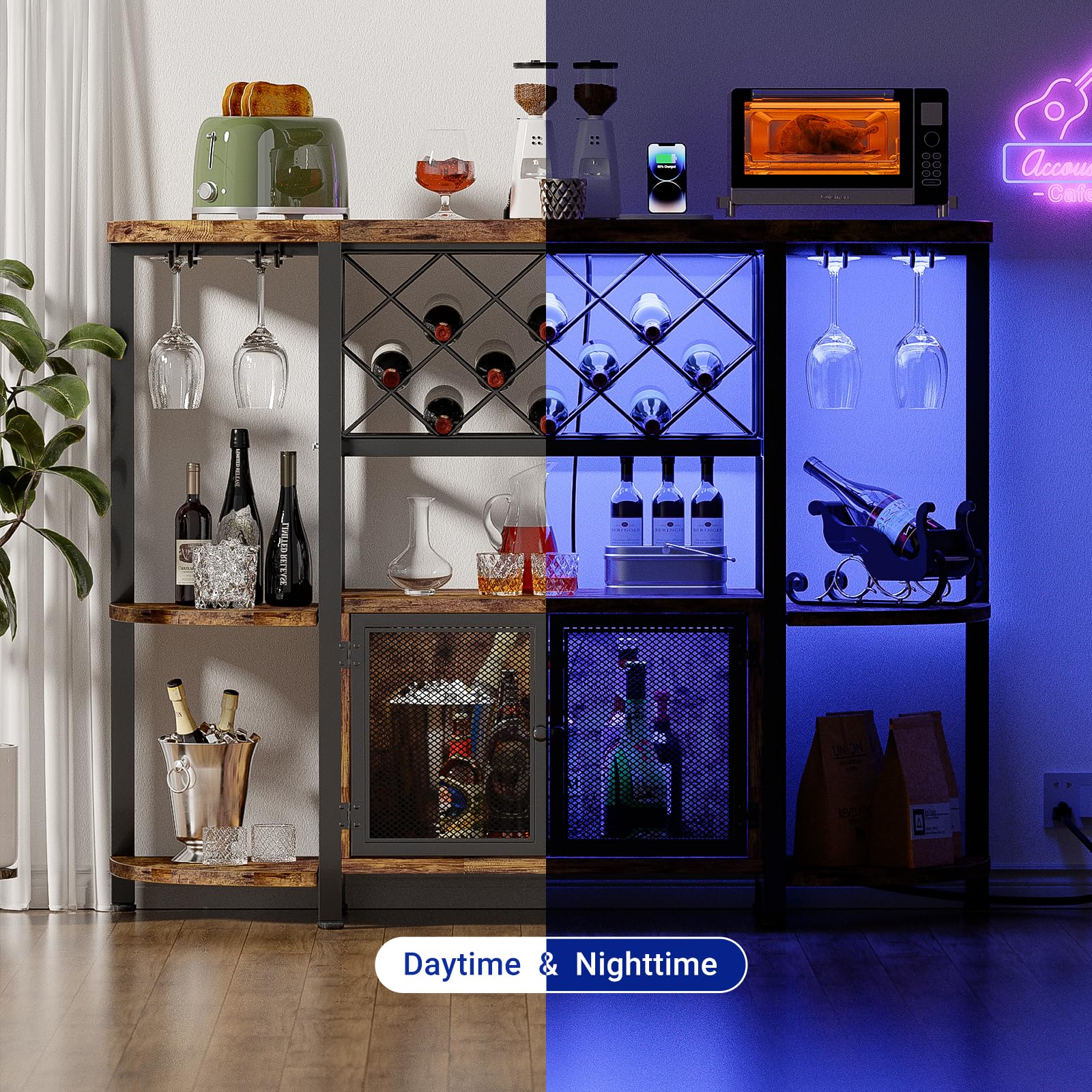Industrial Wine Bar Cabinet with LED Lights & Power Outlets - Freestanding Coffee Liquor Cabinet with Glass Storage - Rustic Brown Farmhouse Kitchen/Dining Bar Cabinet - Perfect for Home Entertaining & Wine Display