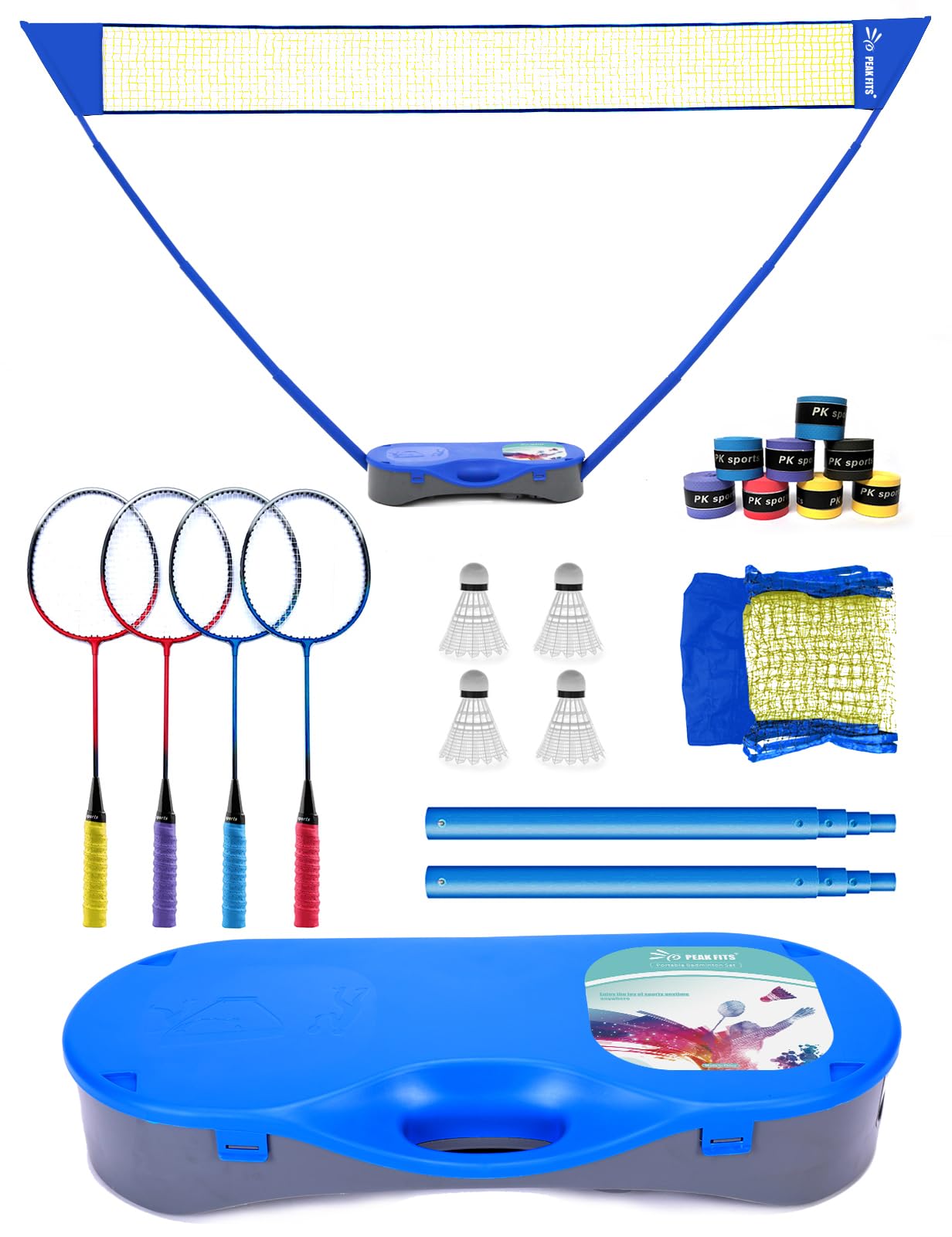 Portable Badminton Net Set with Storage Base - 10x5 ft Net, 4 Rackets, 4 Shuttlecocks & 8 Grip Tapes - Outdoor/Indoor Sports Equipment for Backyard, Beach, Park & Gym Games