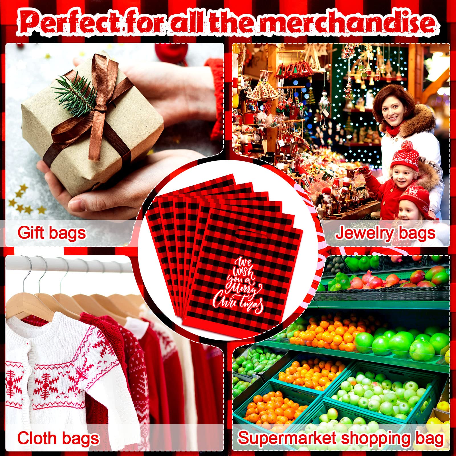 100 Pack Christmas Plastic Gift Bags Bulk - 10