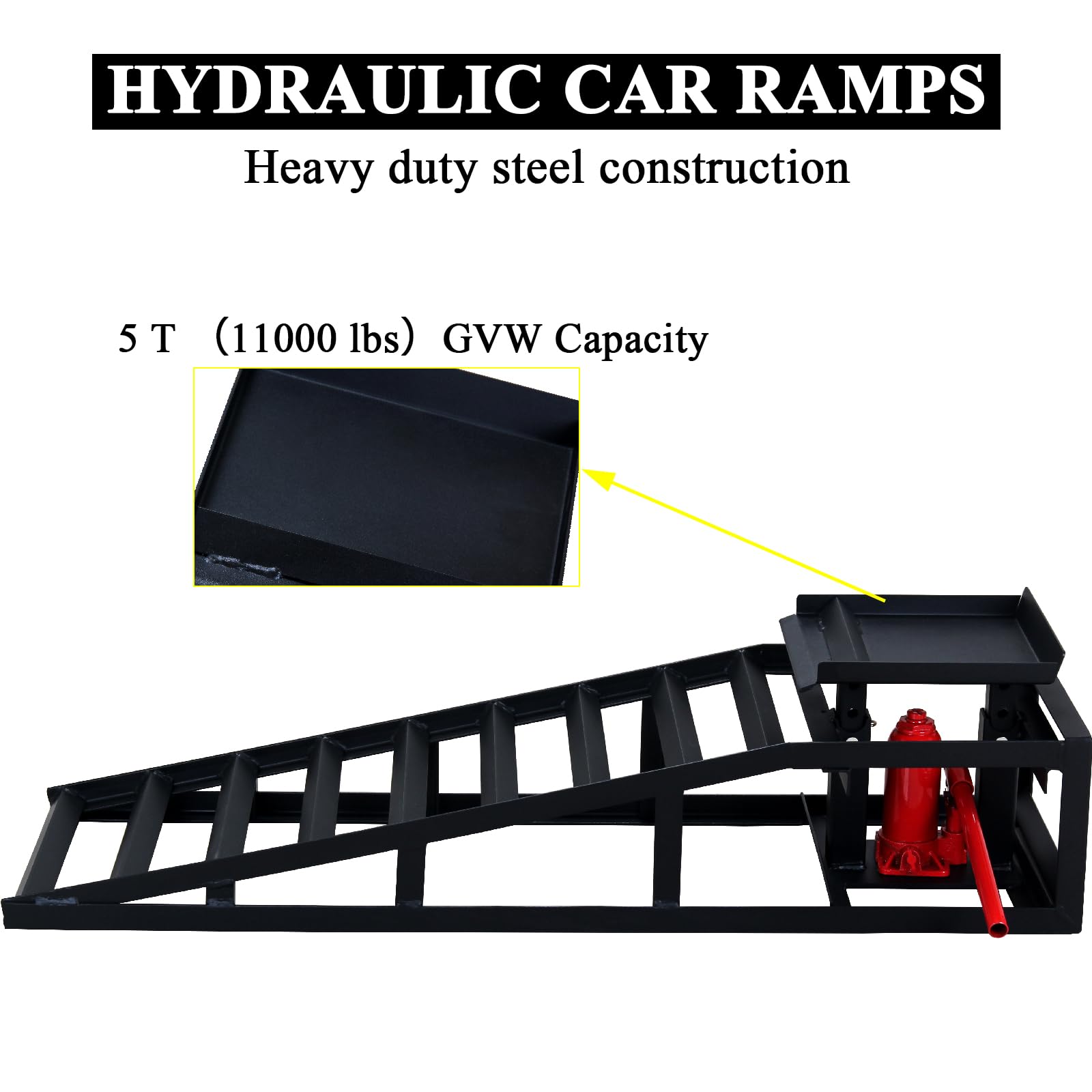 2 Pack Heavy Duty Hydraulic Car Ramps - 5 Ton (11,000 lbs) Capacity, Low Profile Vehicle Lift Ramps for Trucks, Trailers & Garage Repairs - 9.8