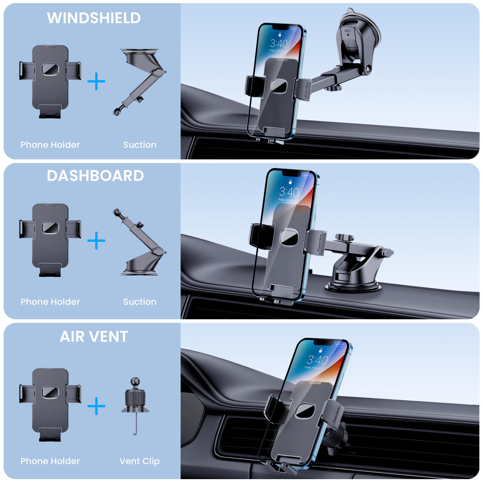 Universal Car Phone Mount Holder - Strong Suction Cup for Dashboard, Windshield & Air Vent - Compatible with iPhone & All Smartphones (Even Thick Cases) - Perfect for Hands-Free Driving & GPS Navigation