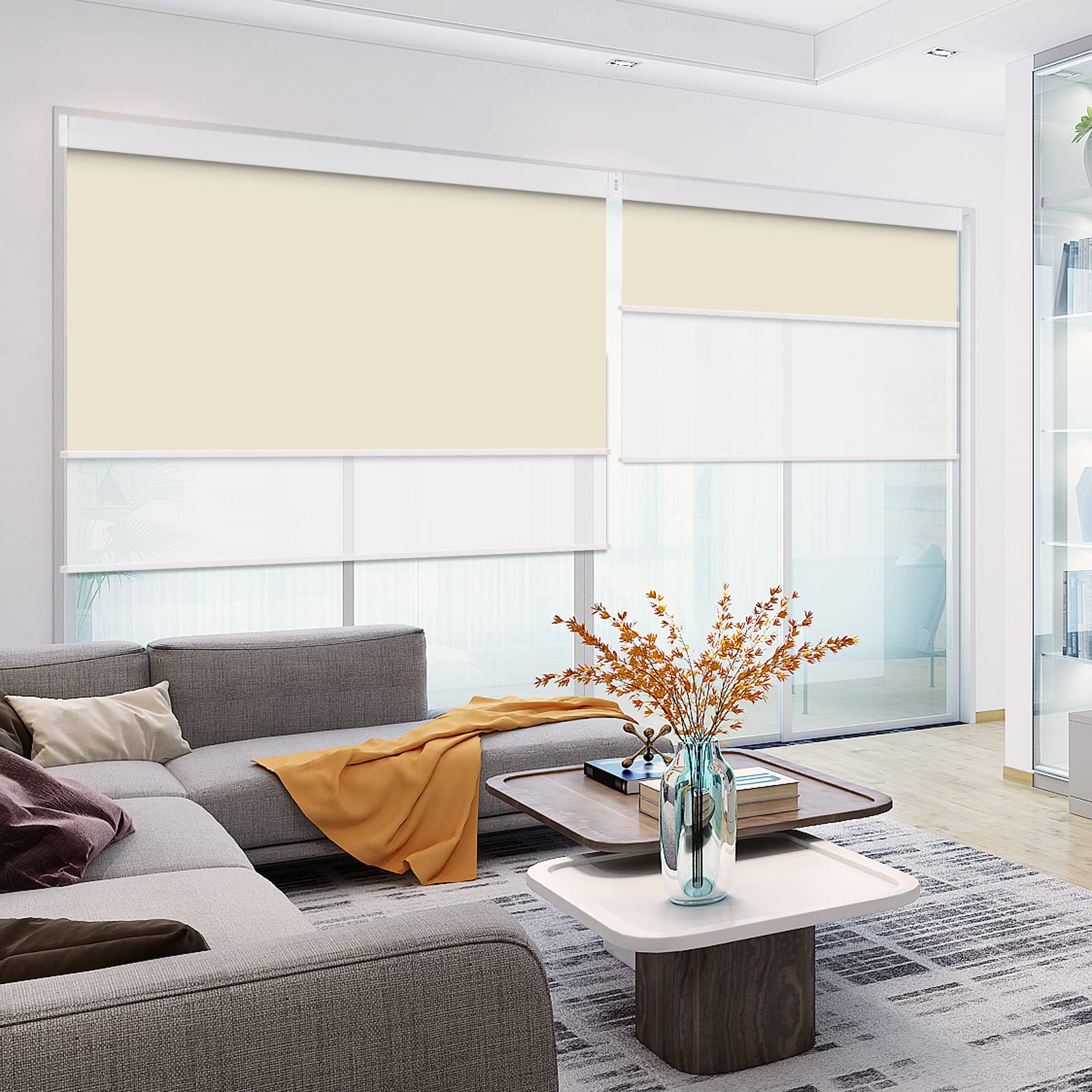 SUAKY Dual Window Blinds Roller Shades - Beige Blackout & Light Filtering Shades with Valance for Day & Night Use - Perfect for Living Room, Bedroom & Home Office Privacy