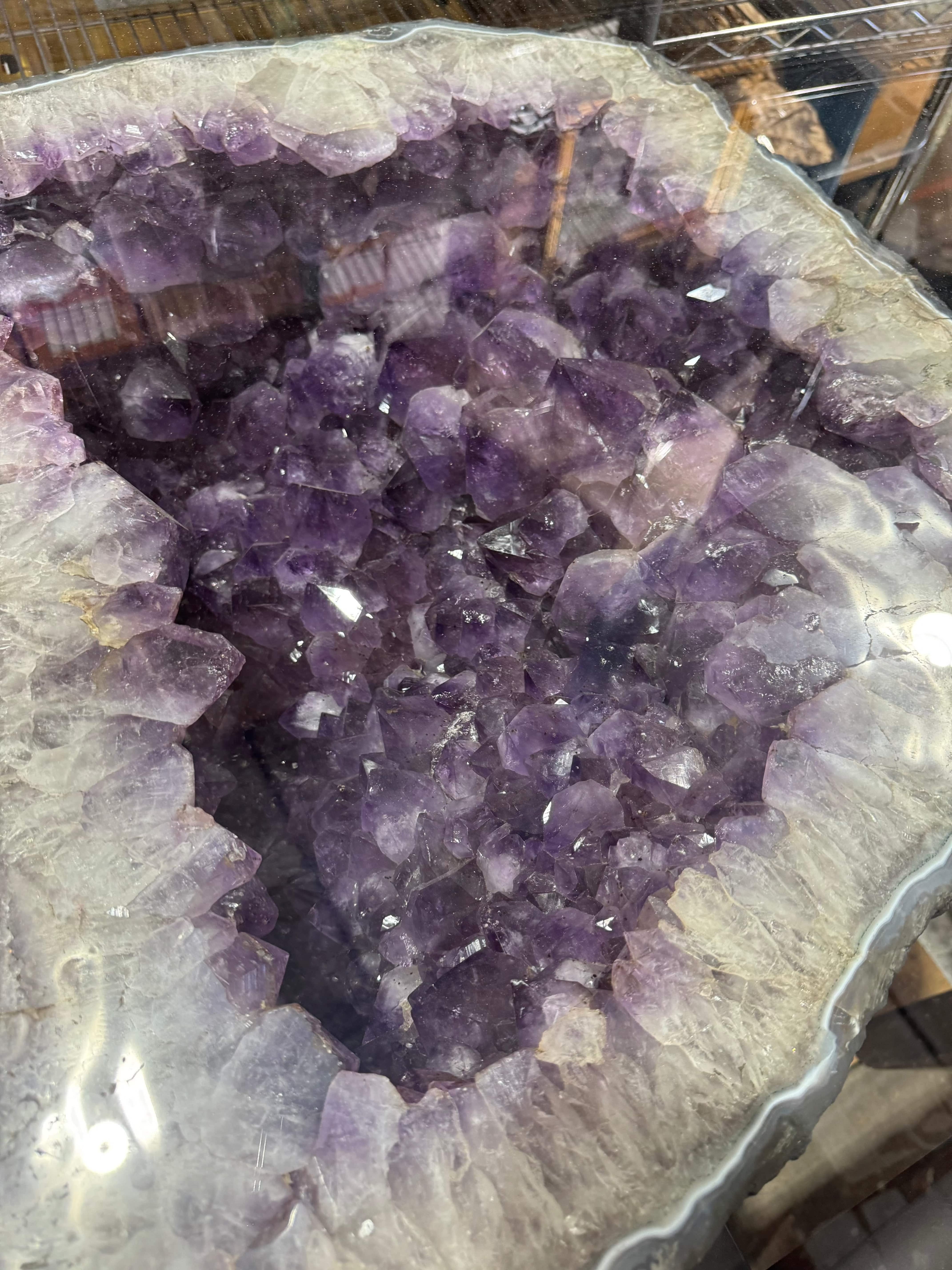 Natural Amethyst Geode Table from Brazil with Handcrafted Wooden Stand - 34