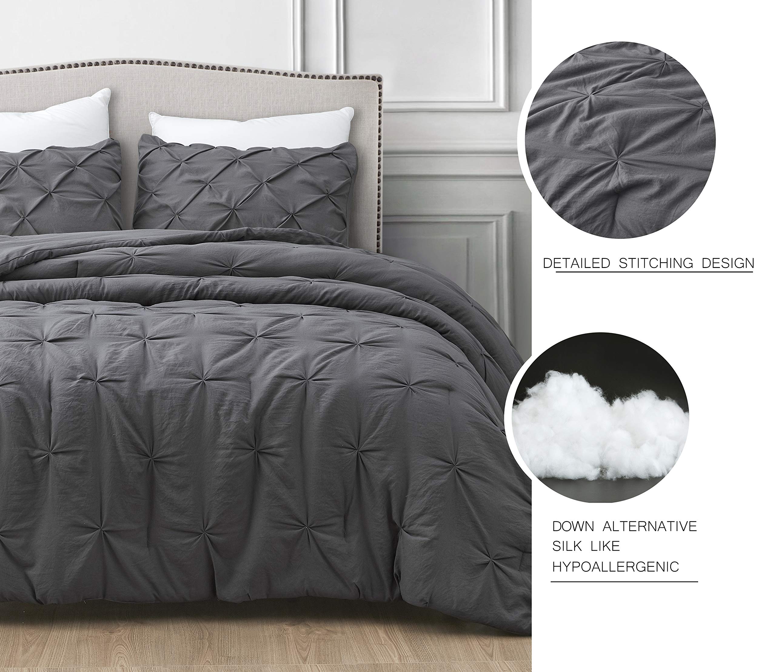 Premium Soft Cotton Comforter Set - All-Season Goose Down Alternative Pinch Pleat Duvet Insert - 500 GSM Fill Power - Ultra Soft 3-Piece Bedding Set (Twin/Twin XL, Dark Grey) - Perfect for Cozy Bedrooms, Guest Rooms & Dorm Comfort