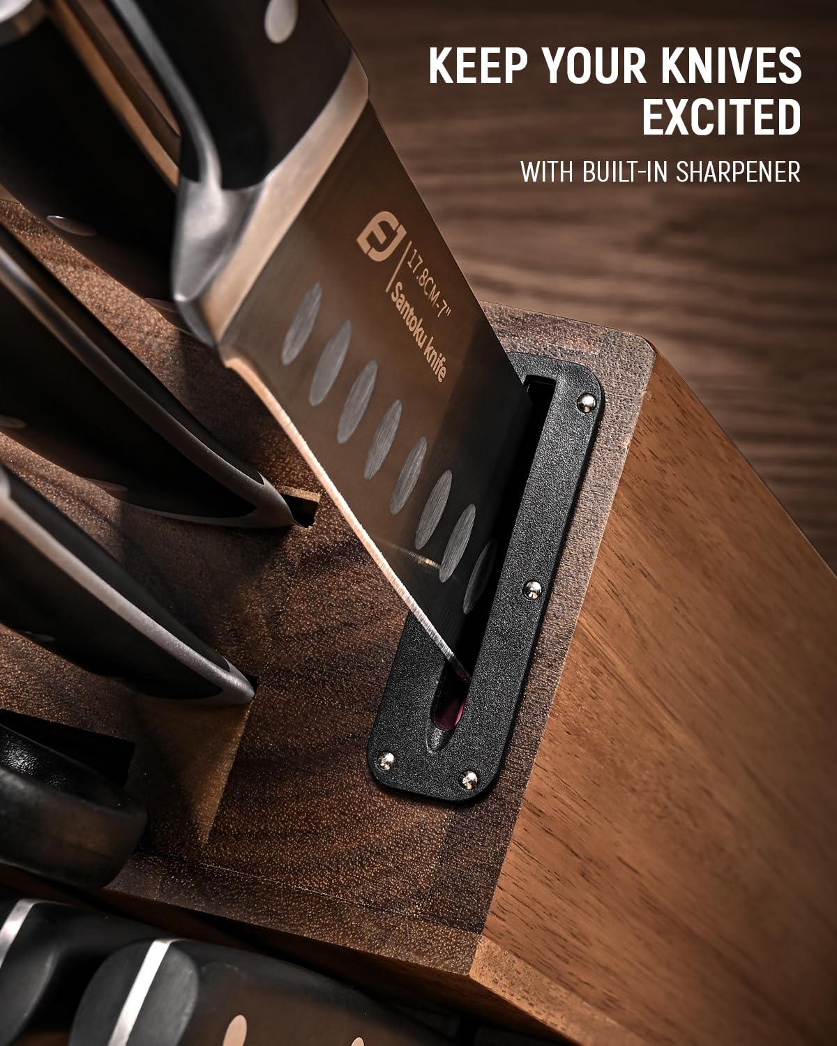 Emojoy 17-Piece Premium Kitchen Knife Set with Acacia Wood Block - Titanium Stainless Steel Knives with Built-in Sharpener, Rust Proof Cutlery Set for Professional Chefs & Home Cooking | Perfect for Meat Cutting, Vegetable Chopping & Food Prep