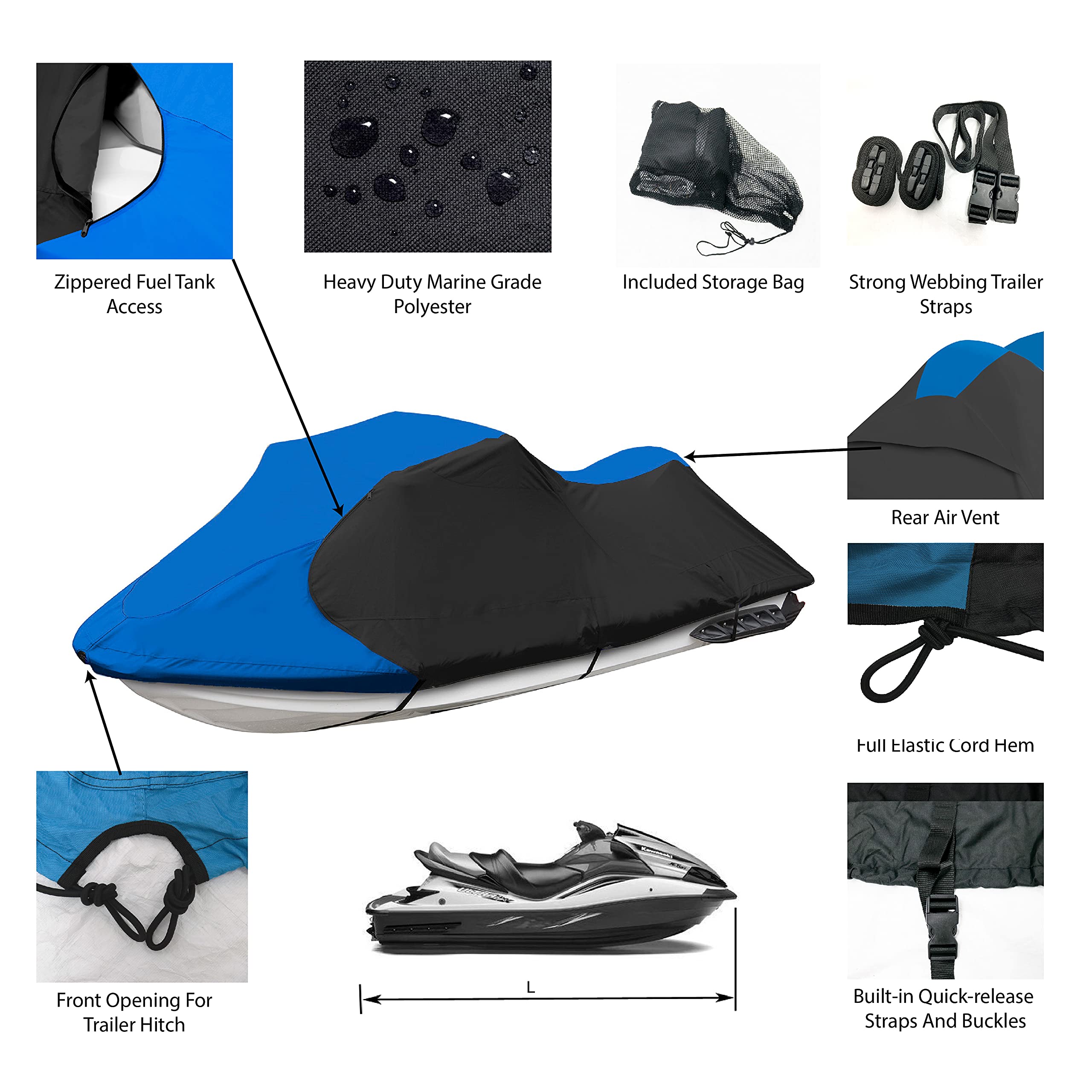 Waterproof 600D Heavy Duty Polyester Jet Ski Cover - Marine Grade Trailerable PWC Cover for 136