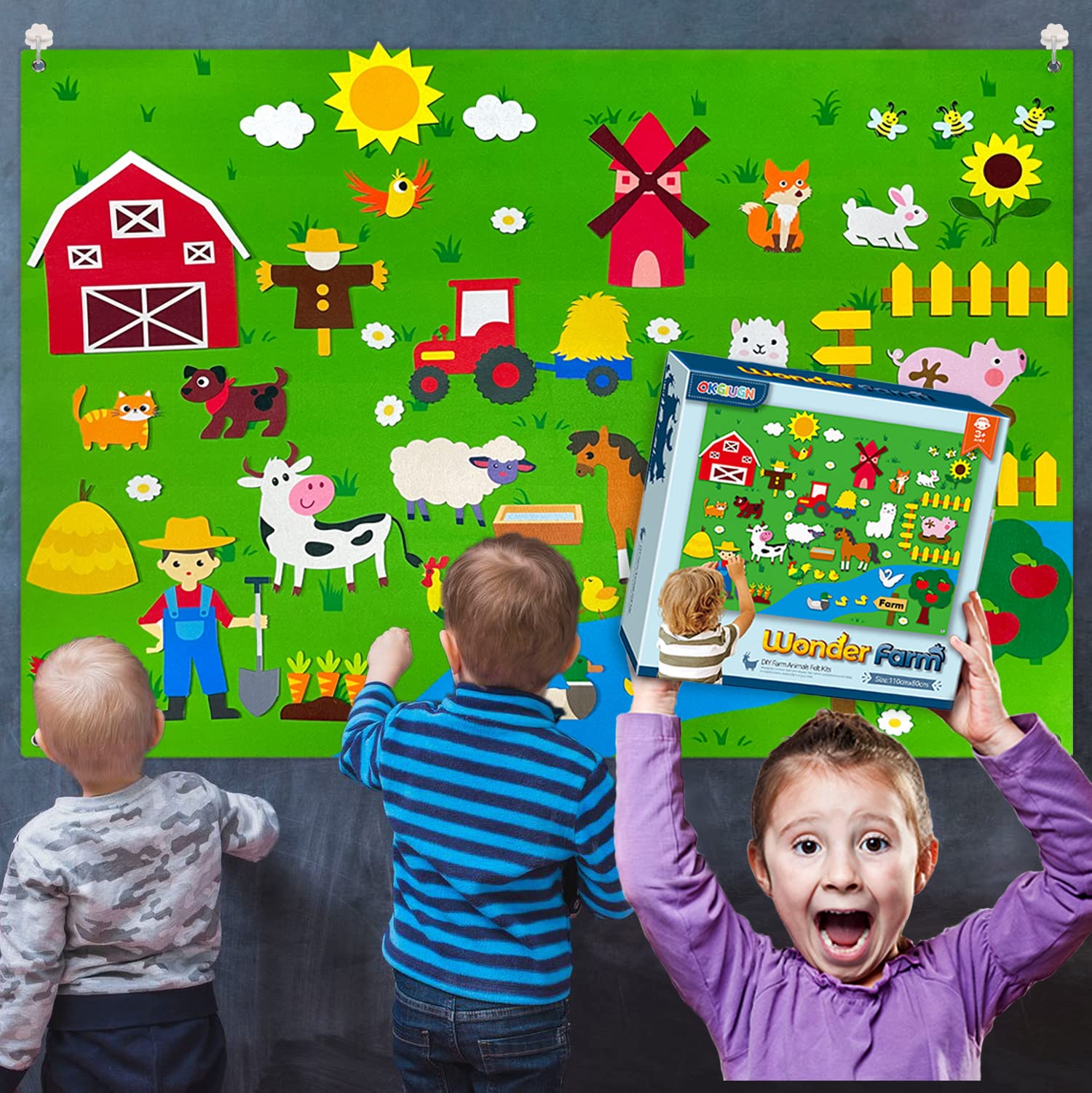 Farm Animals Felt Board Play Set - 61 Pcs Farmhouse Themed Wall Hanging Kit for Kids | Toddler Birthday Gift & Storytelling Activity