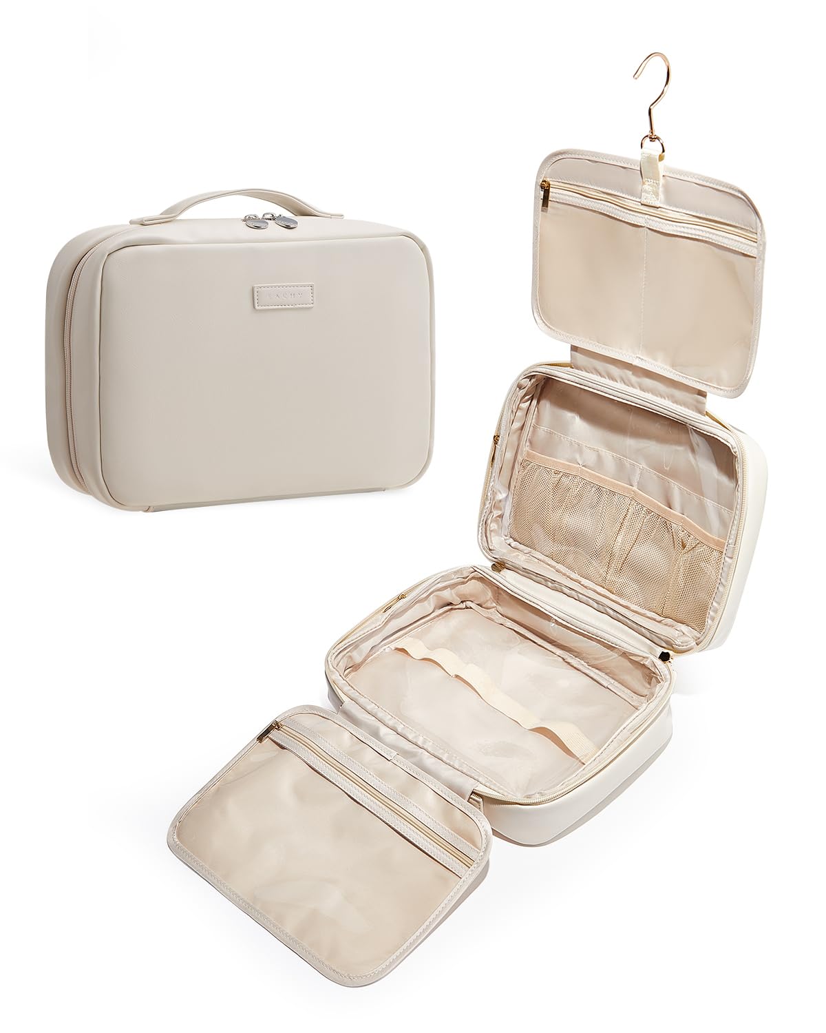 EACHY Hanging Toiletry Bag for Women - PU Leather Waterproof Travel Makeup Organizer with 4 Compartments & Hook - Portable Cosmetic Case for Bathroom, Gym, Vacation Essentials (Beige)