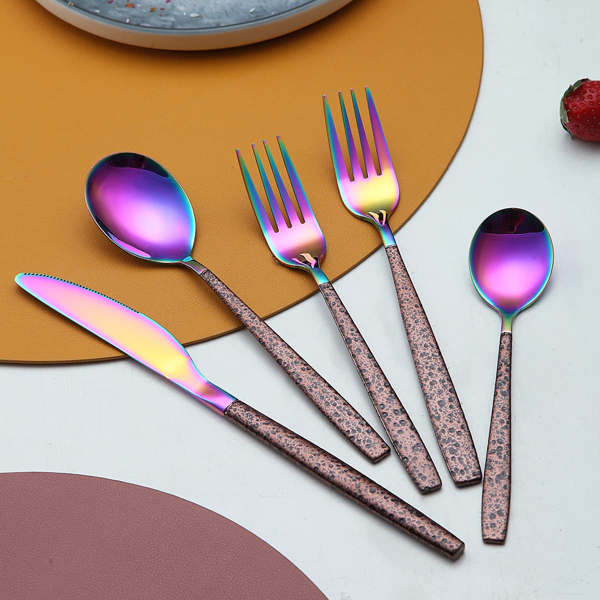Berglander 20-Piece Stainless Steel Flatware Set with Moon Surface Handle & Rainbow Titanium Plating - Modern Colorful Cutlery Set for 4, Perfect for Dinner Parties, Weddings & Everyday Dining