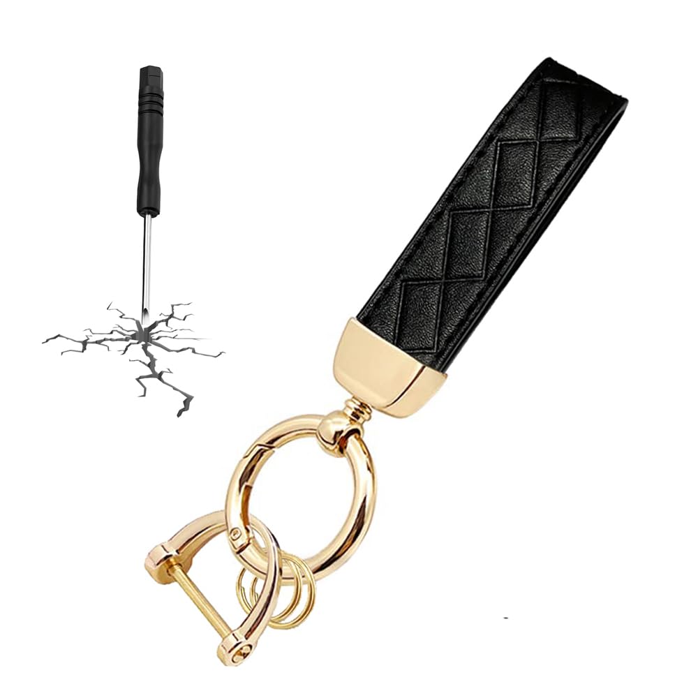 Leather Car Keychain with D-Ring - Universal 360 Degree Rotatable Key Fob Holder for Men & Women (Black & Gold) | Anti-Lost Key Organizer for Car Keys, House Keys & Office Keys