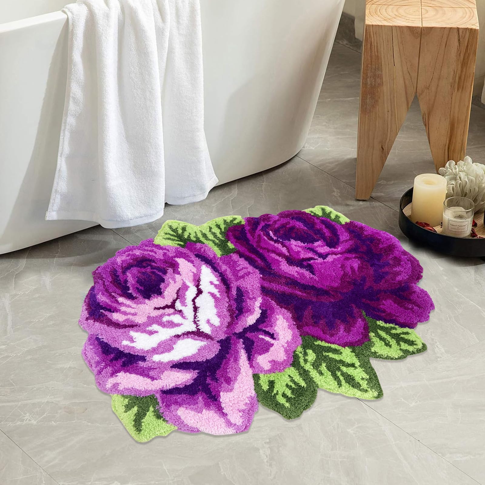 USTIDE Fluffy Purple Rose Bathroom Rugs - Soft Handmade Non-Slip Washable High Pile Doormat for Bathroom & Entryway - Perfect for Cozy Home Decor, Spa-Like Bathroom Experience, and Welcoming Entry Floor Mat